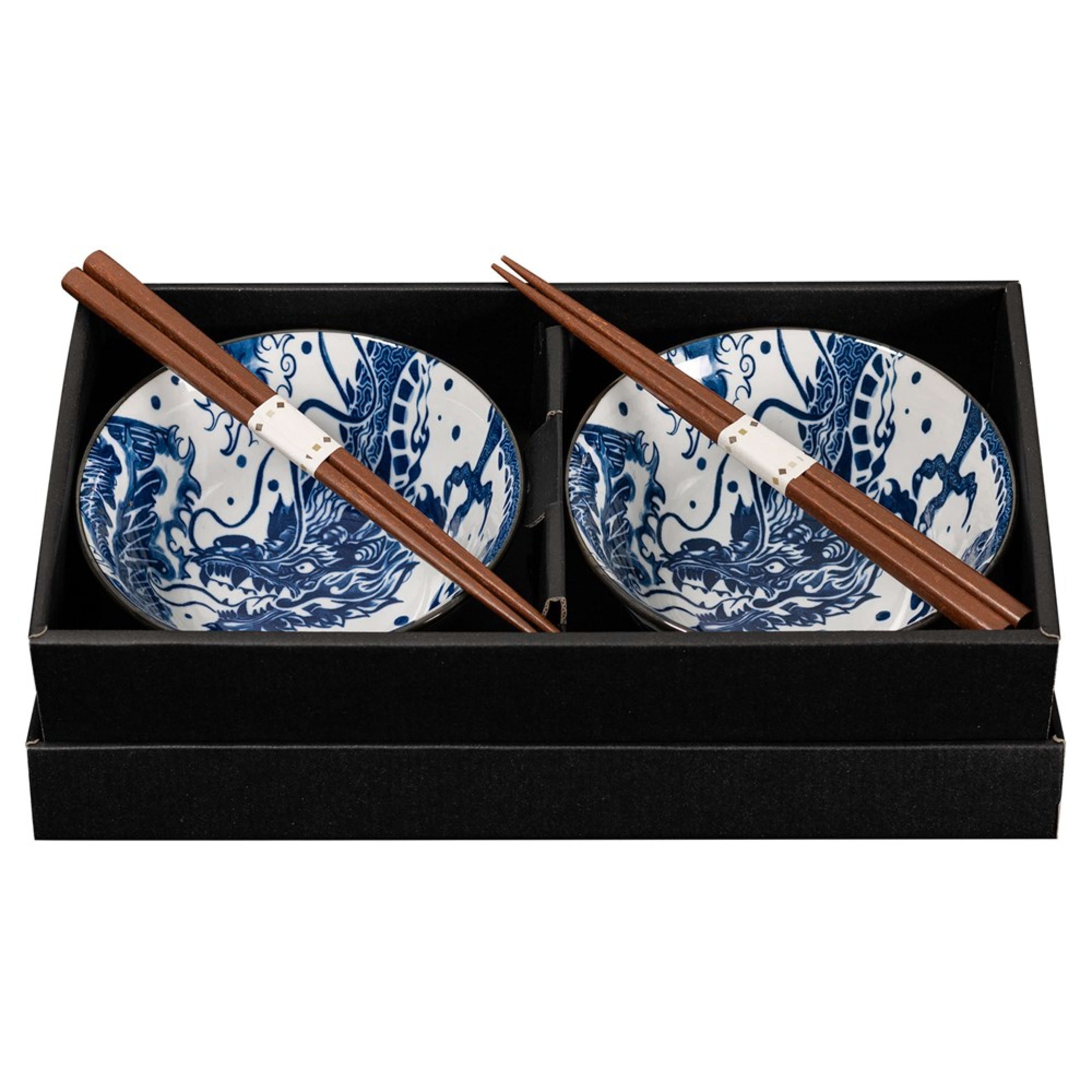 Omotenashi Dragon - Blue 4 Piece Bowl & Chopstick Set 15x7cm