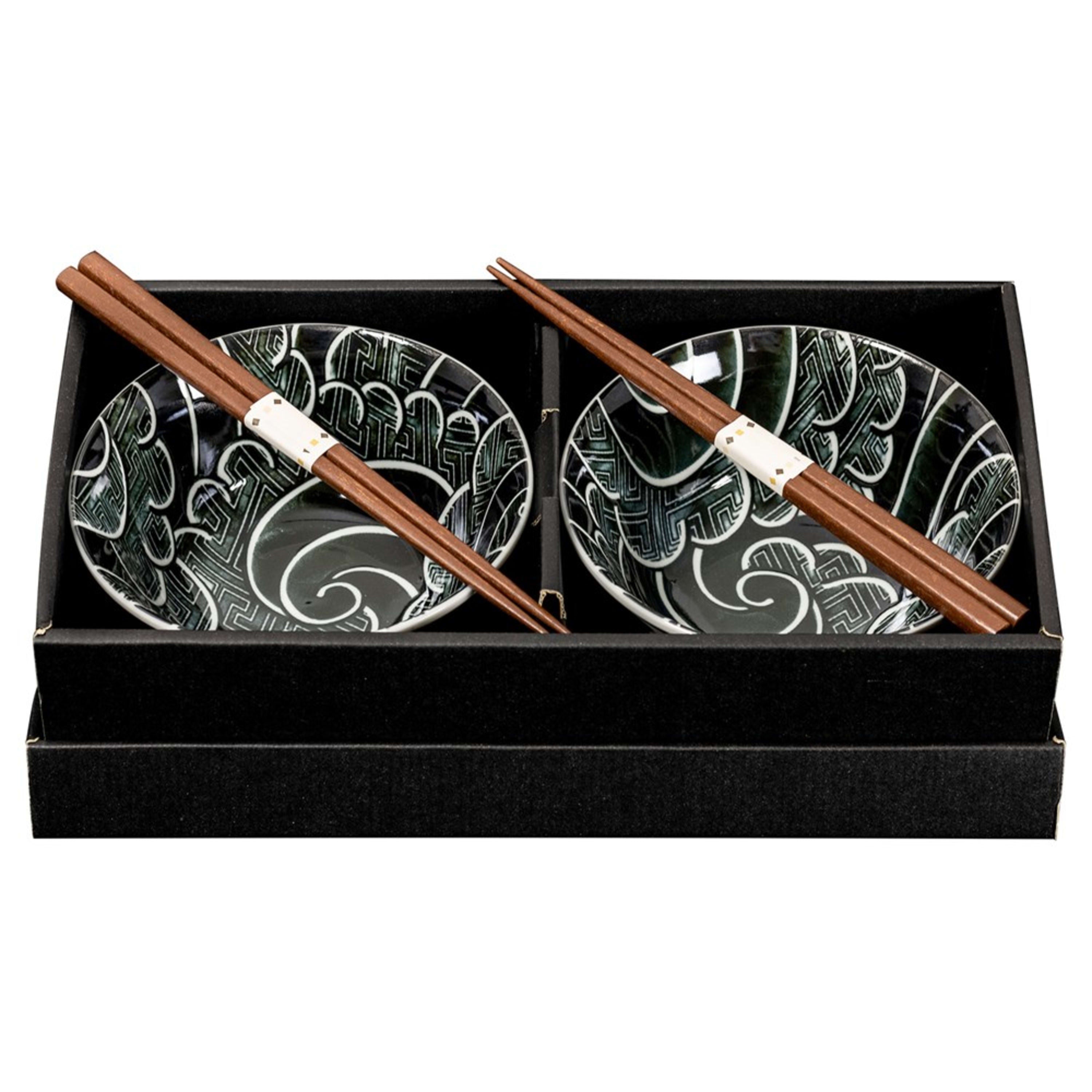 Omotenashi Sayanami - Black 4 Piece Bowl & Chopstick Set 15x7cm