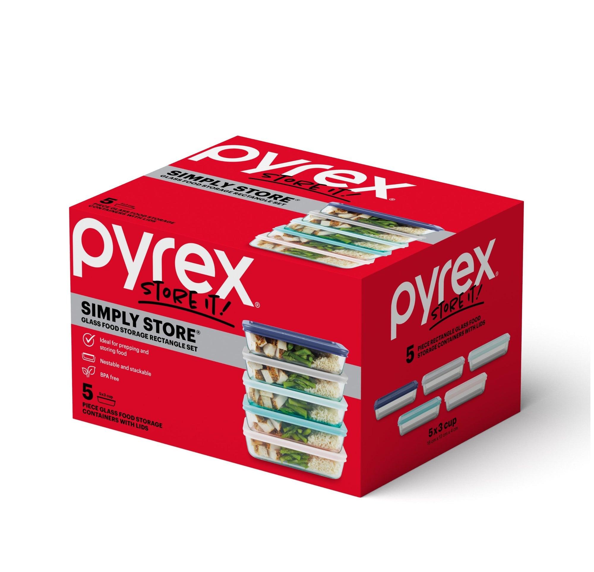 Pyrex Simply Store Glass Rectangle Container 5 Piece Set with Coloured Lids