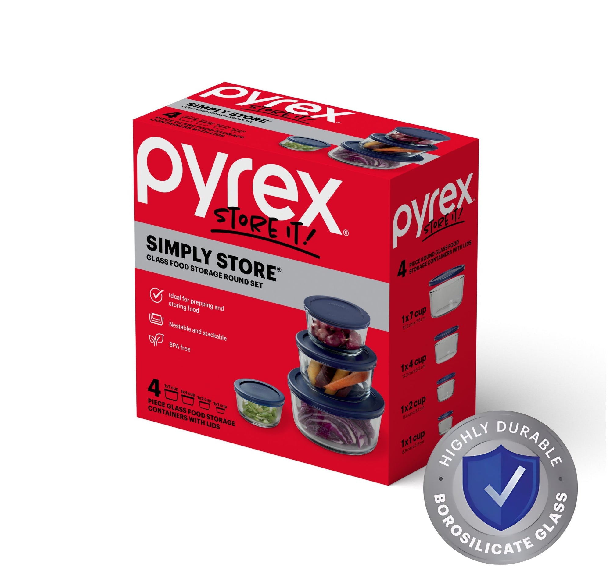 Pyrex Simply Store Glass Round Container 4 Piece Set with Navy Lids