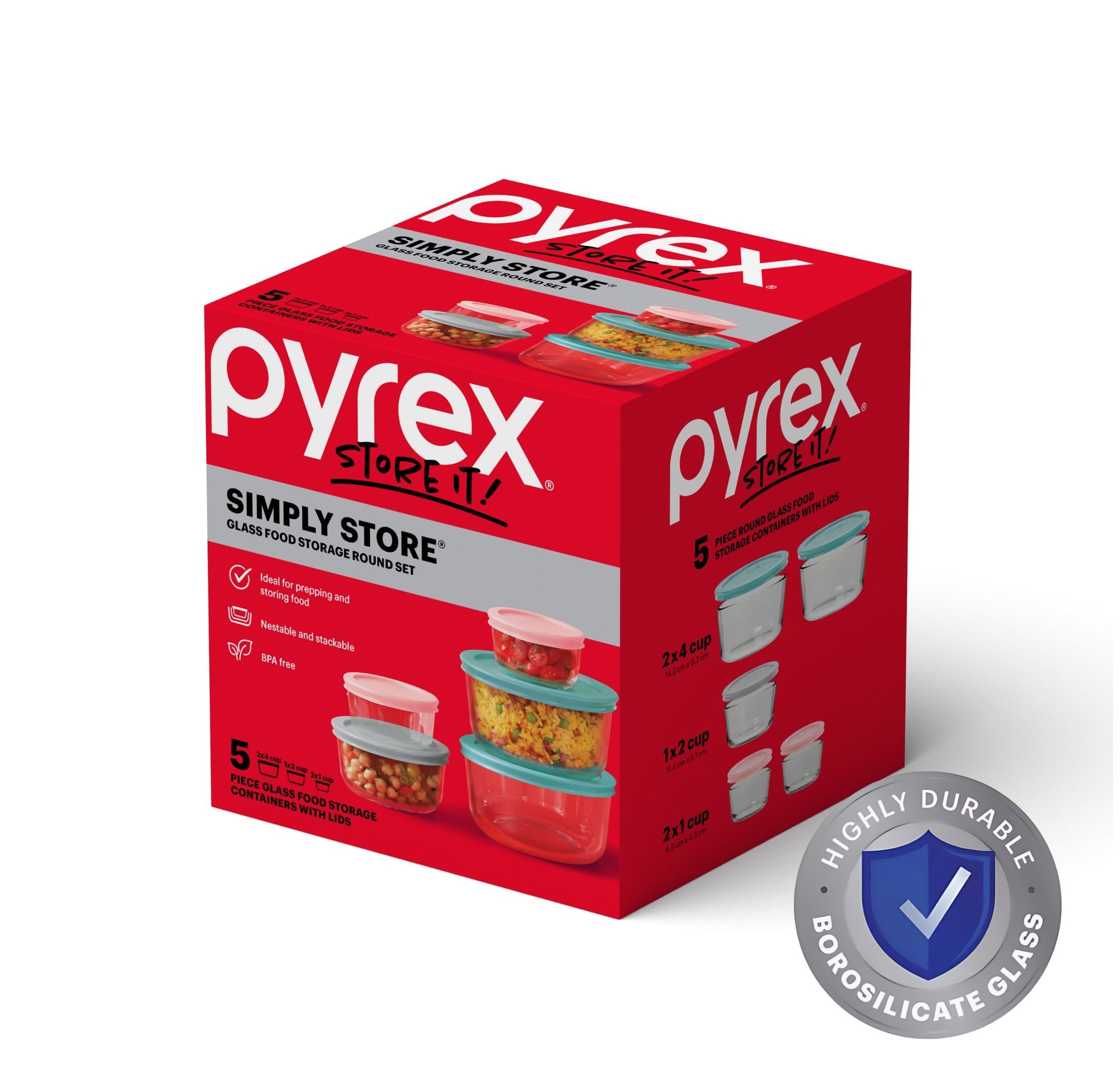 Pyrex Simply Store Glass Round Container 5 Piece Set with Coloured Lids