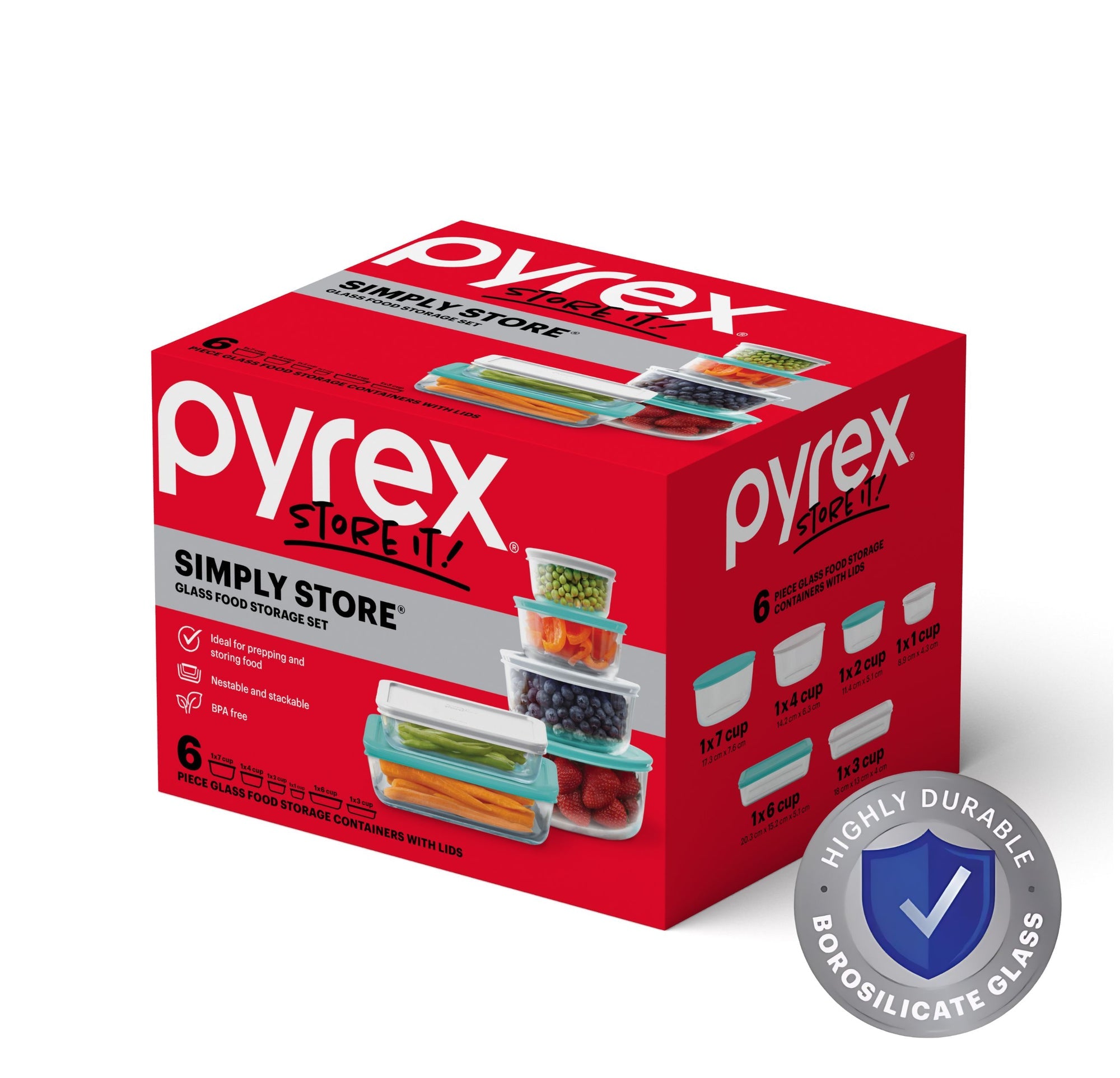 Pyrex Simply Store Glass Container 6 Piece Set with Coloured Lids