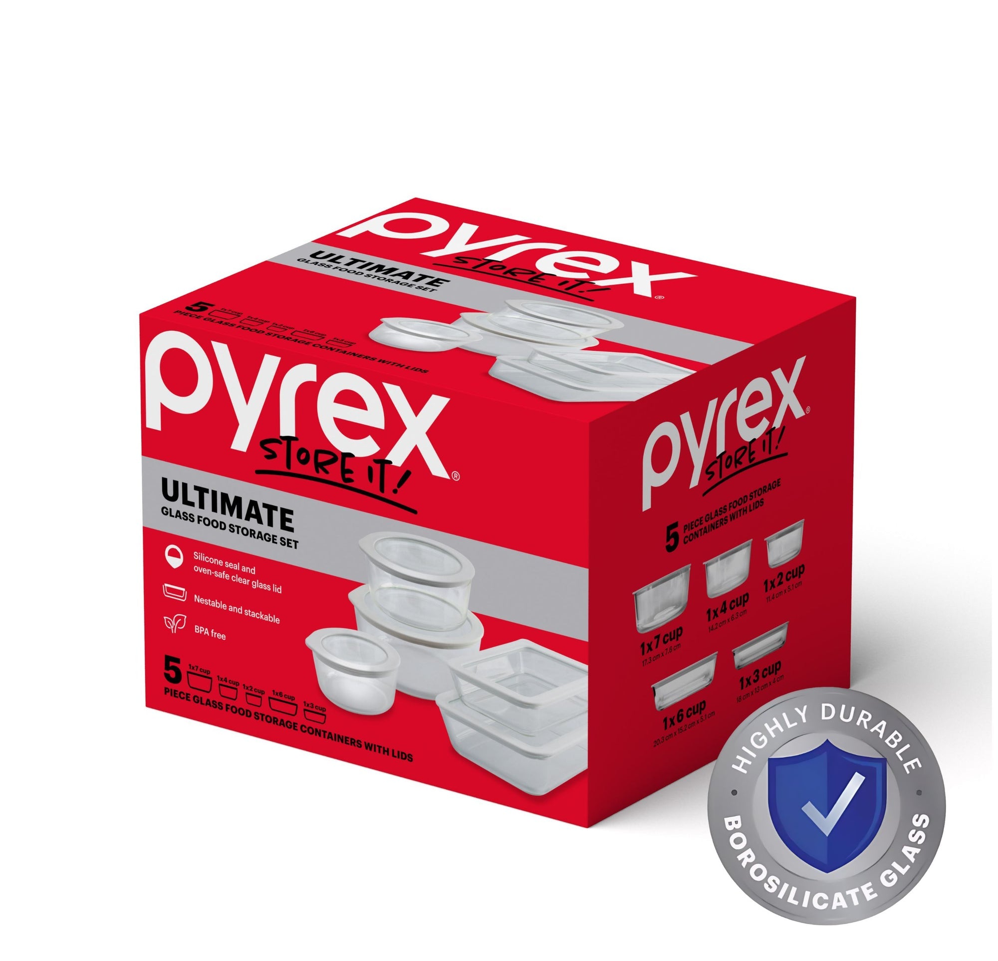Pyrex Ultimate Glass Container 5 Piece Set with White Lids
