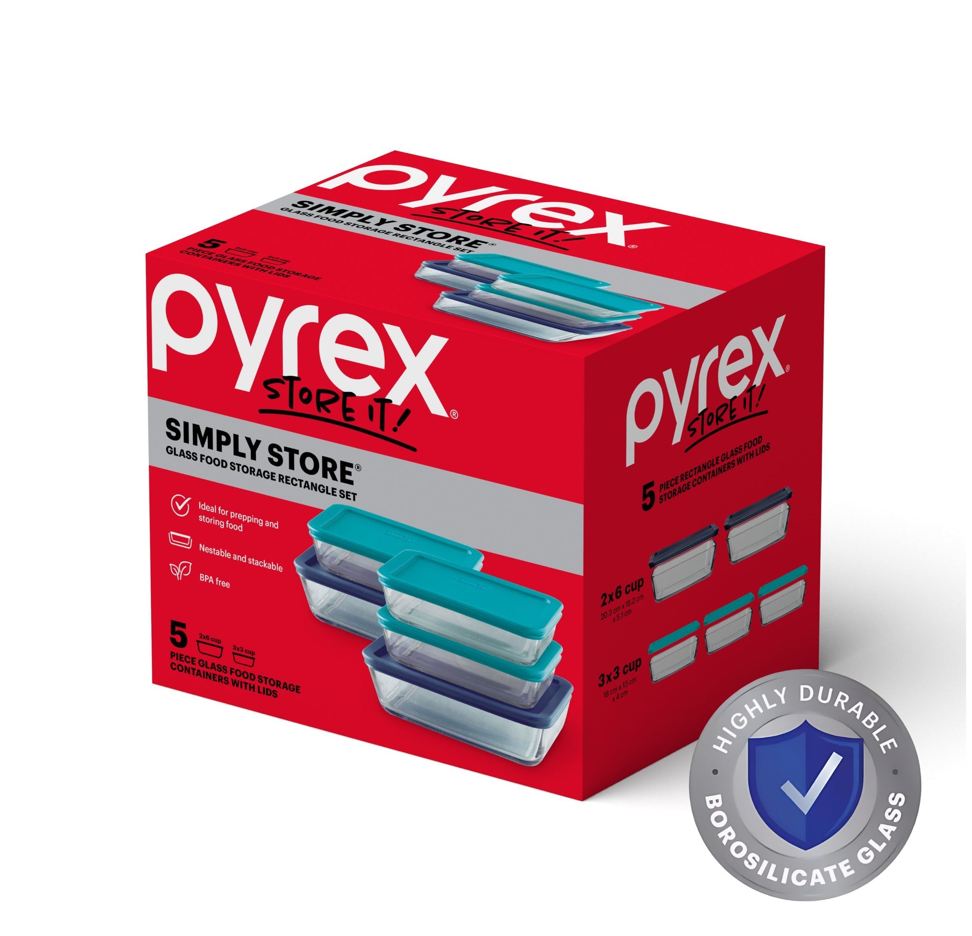 Pyrex Simply Store Glass Rectangle Container 5 Piece Set Coloured Lids