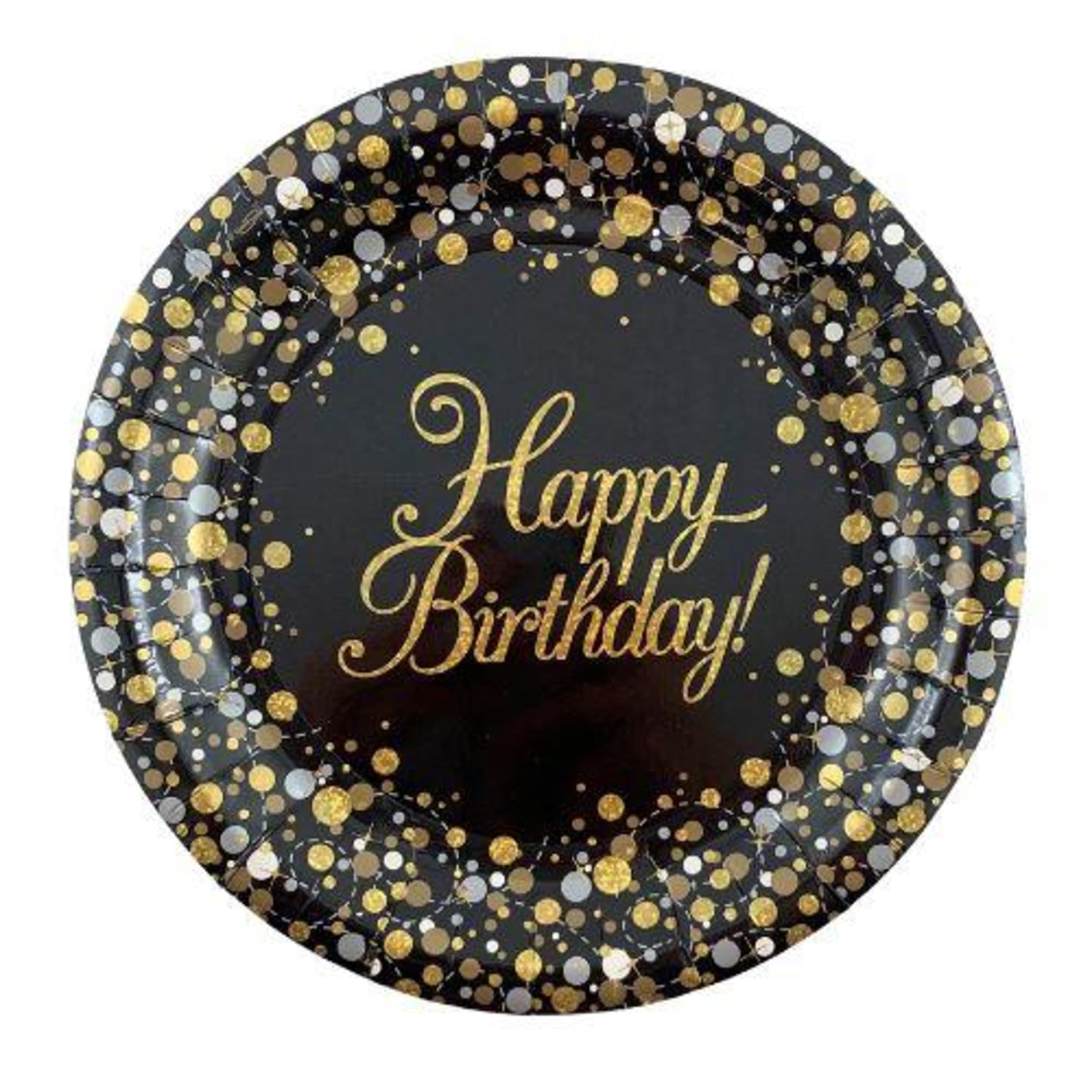 Oaktree Plate Sparkling Fizz Black Gold 9" 23cm HBirthday (8 Pack)