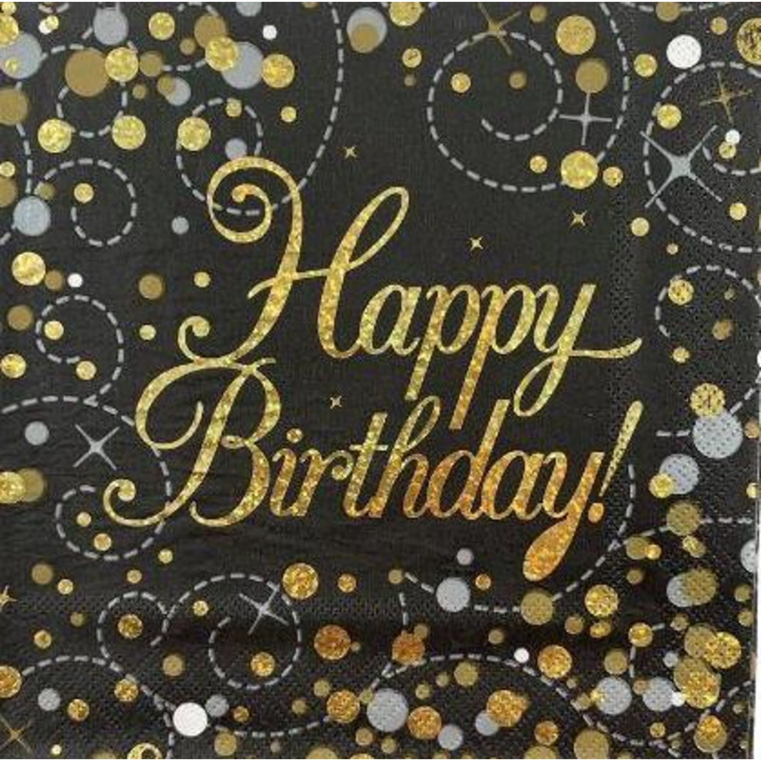 Oaktree Napkin 33cm Sparkling Fizz Black Gold HBirthday (16 Pack)