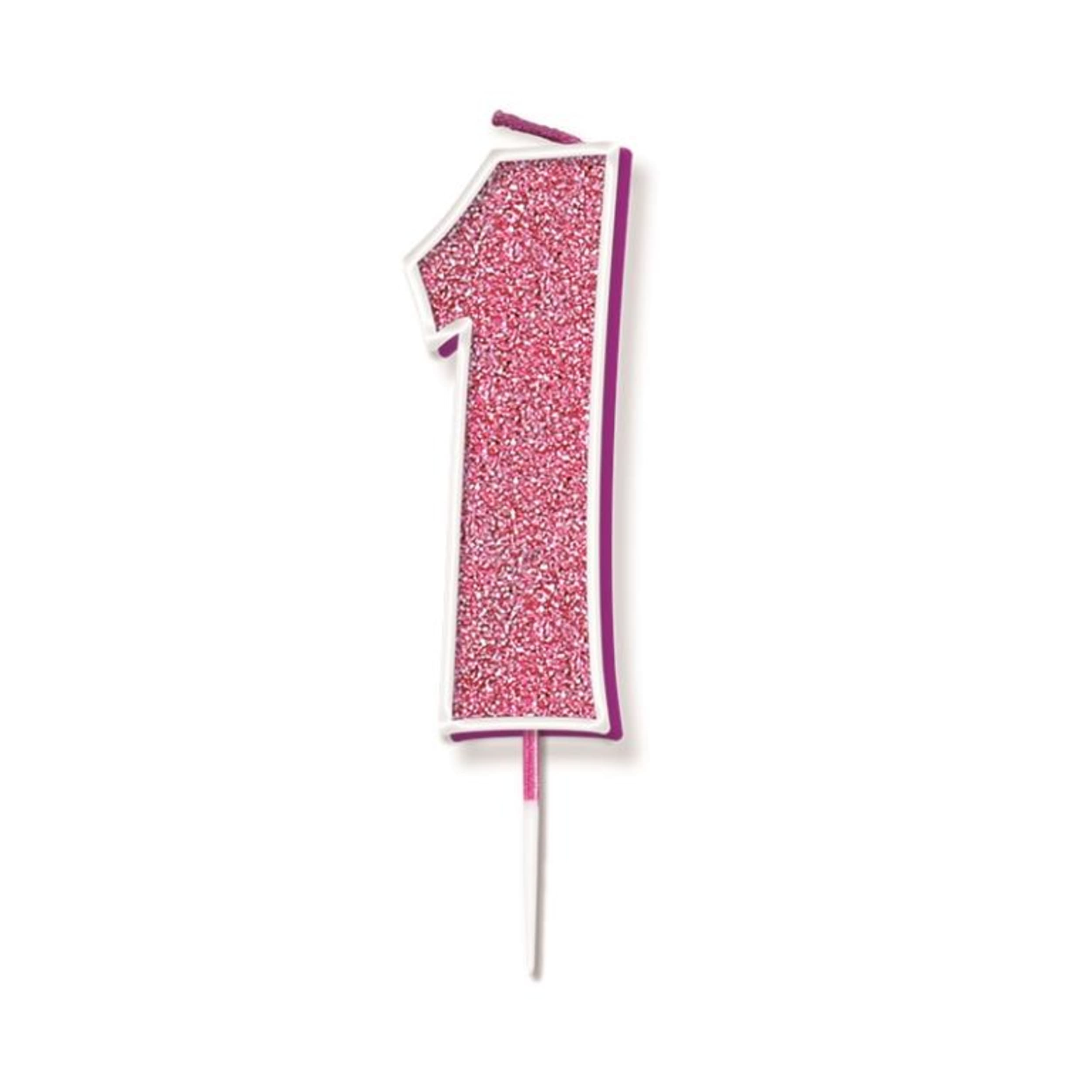 Oaktree Candle 7.5cm Glitter Numeral #1 Pink