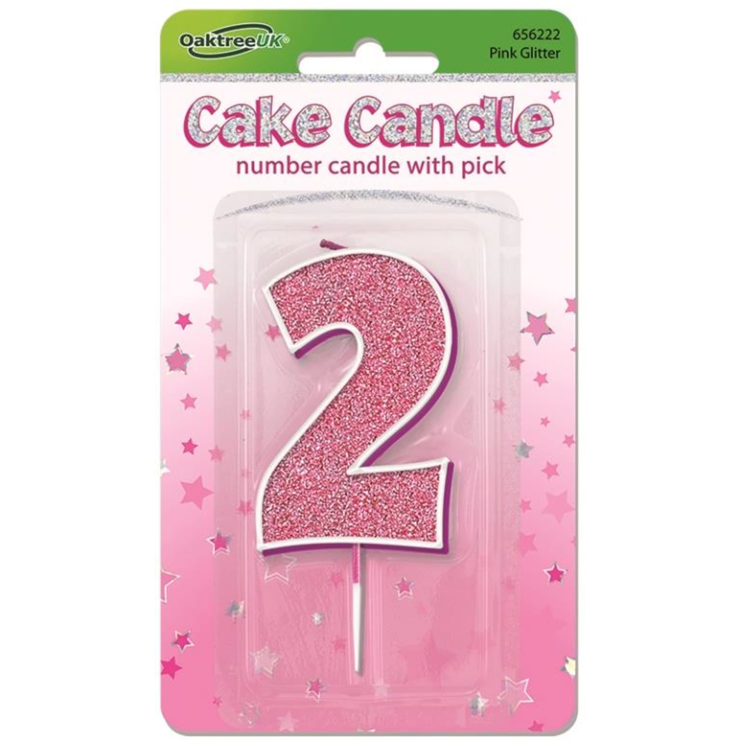 Oaktree Candle 7.5cm Glitter Numeral #2 Pink