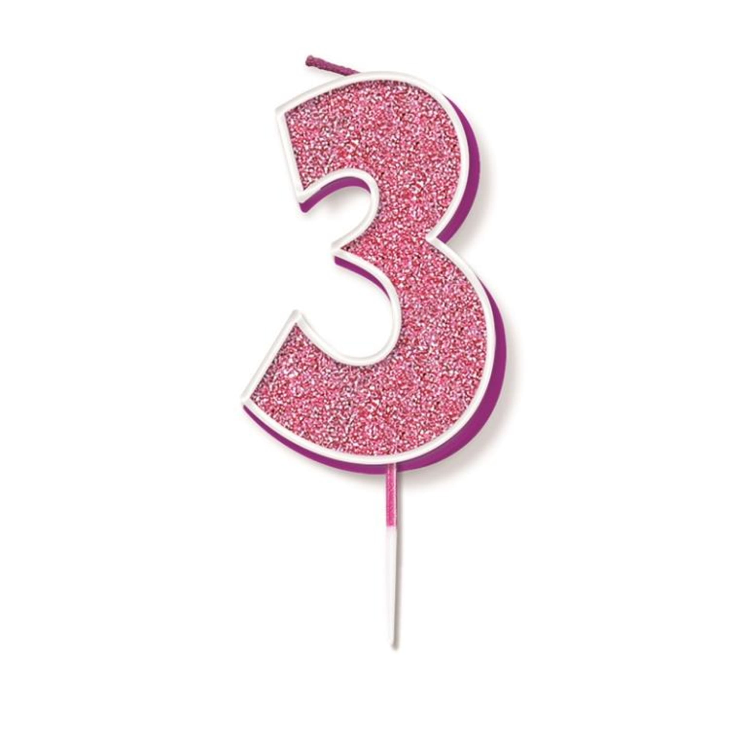 Oaktree Candle 7.5cm Glitter Numeral #3 Pink
