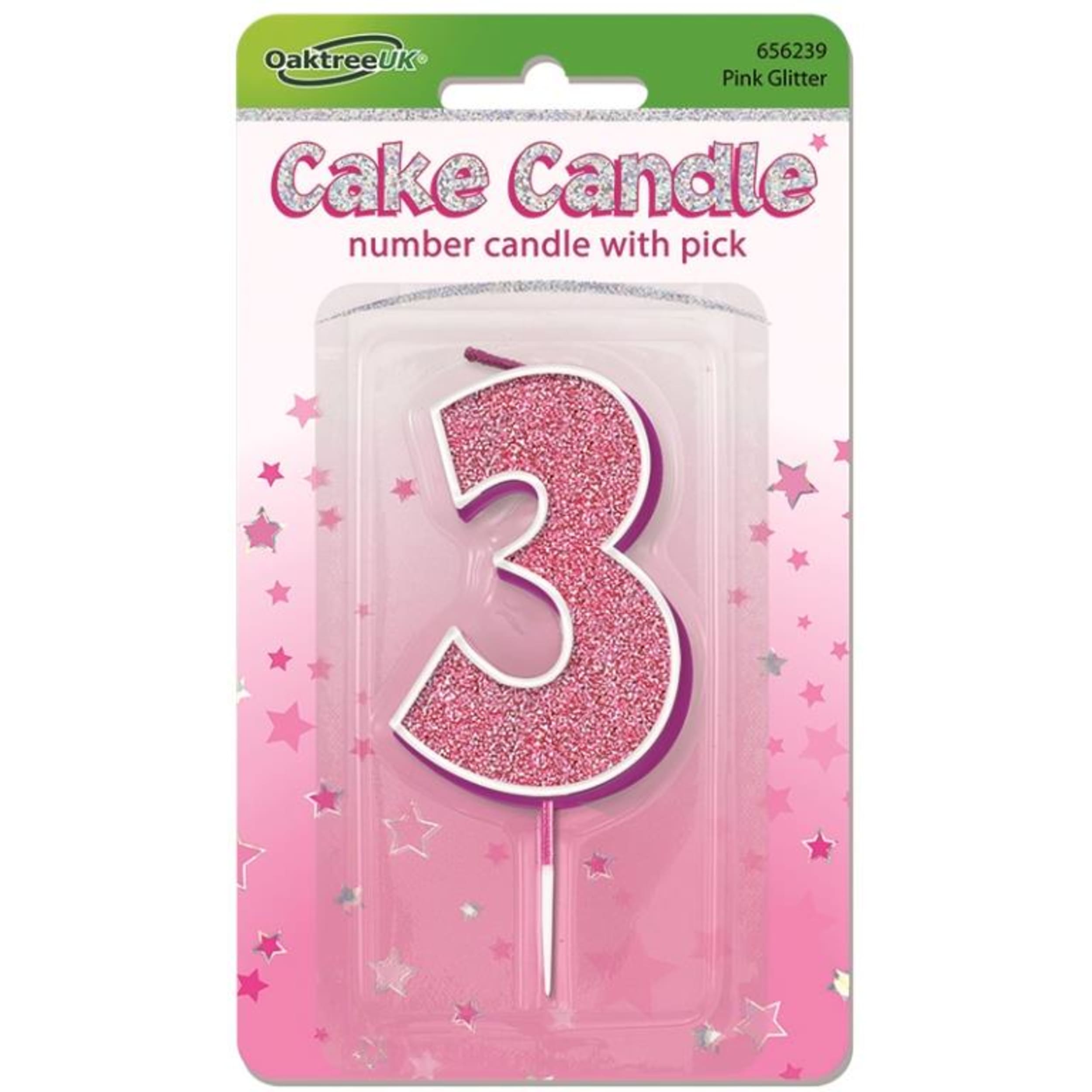 Oaktree Candle 7.5cm Glitter Numeral #3 Pink