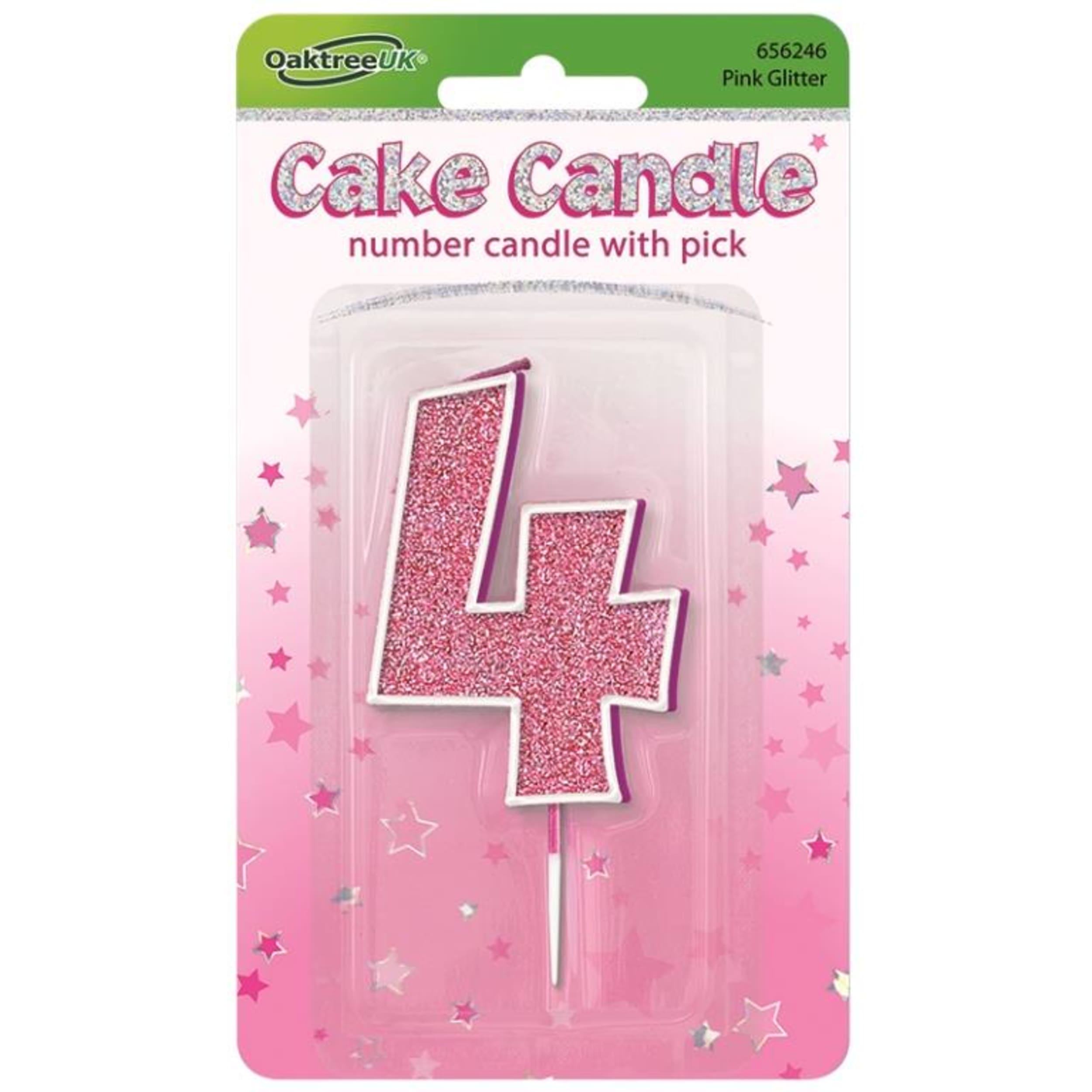 Oaktree Candle 7.5cm Glitter Numeral #4 Pink