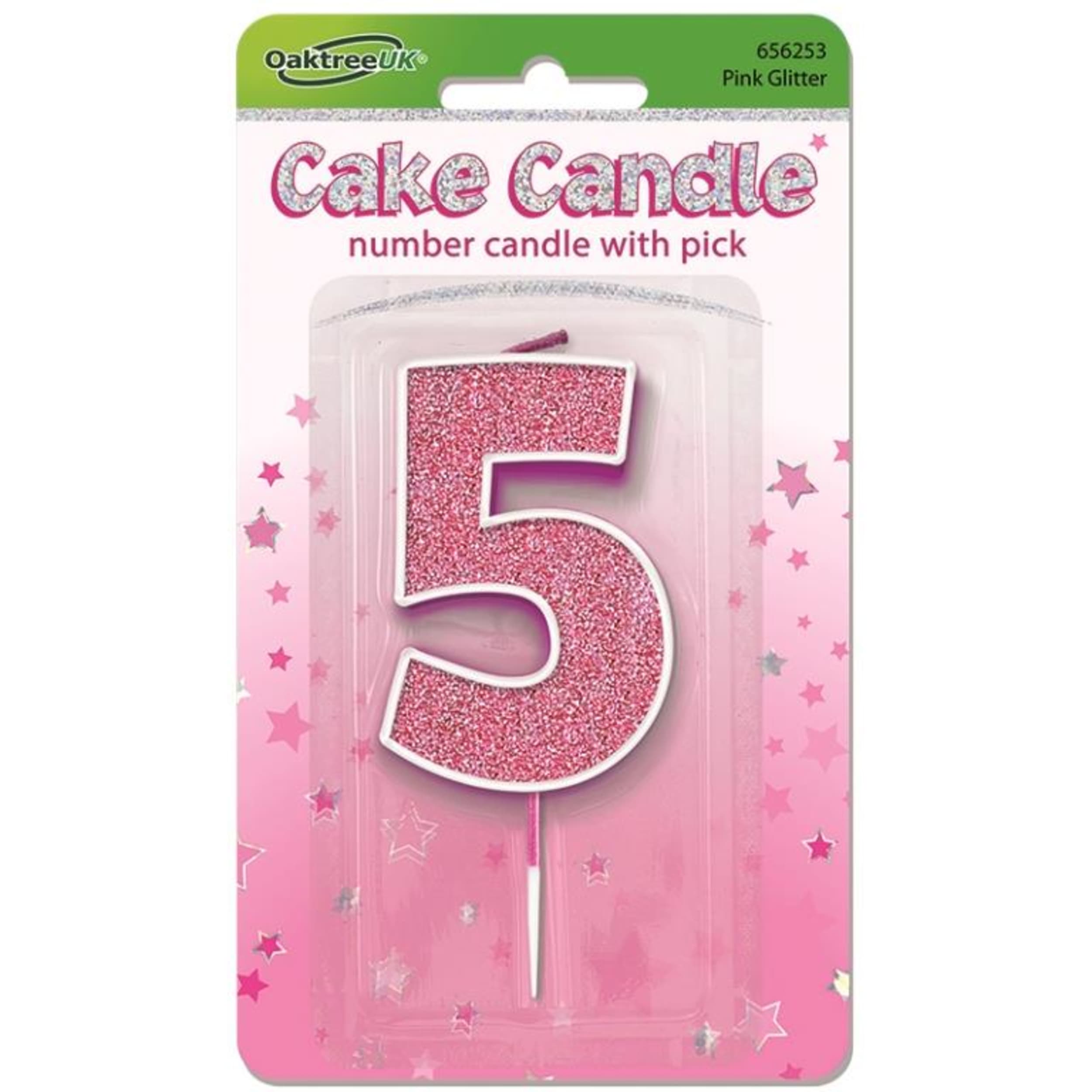 Oaktree Candle 7.5cm Glitter Numeral #5 Pink