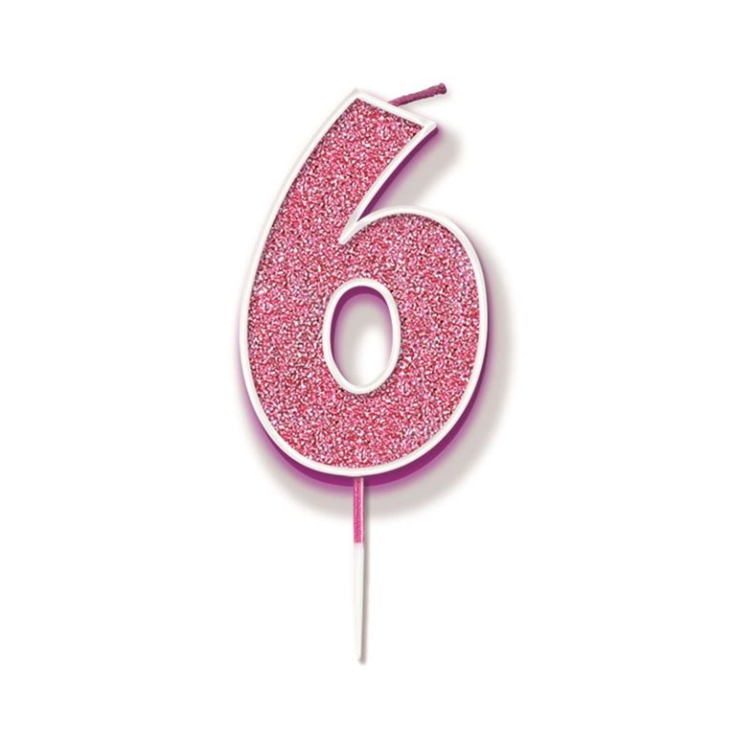 Oaktree Candle 7.5cm Glitter Numeral #6 Pink