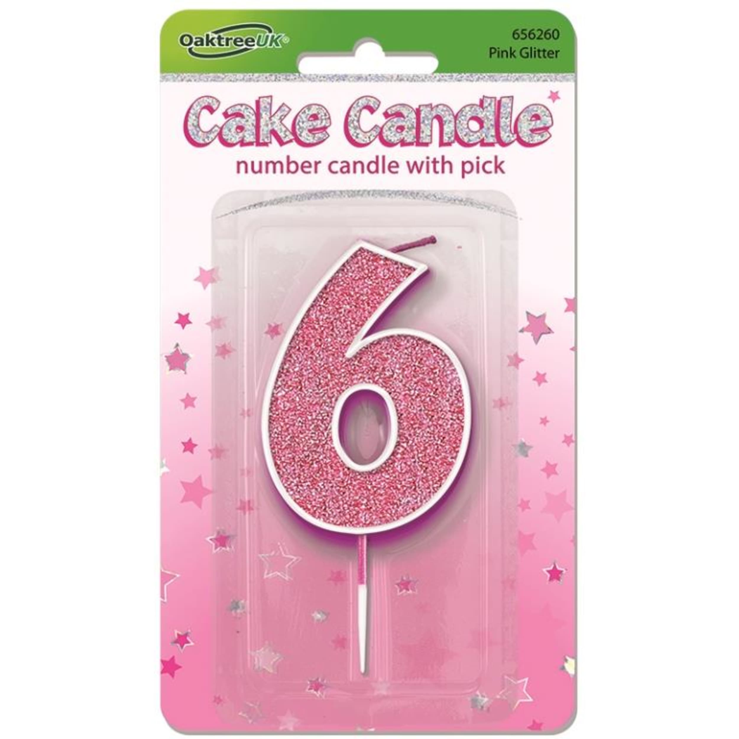 Oaktree Candle 7.5cm Glitter Numeral #6 Pink