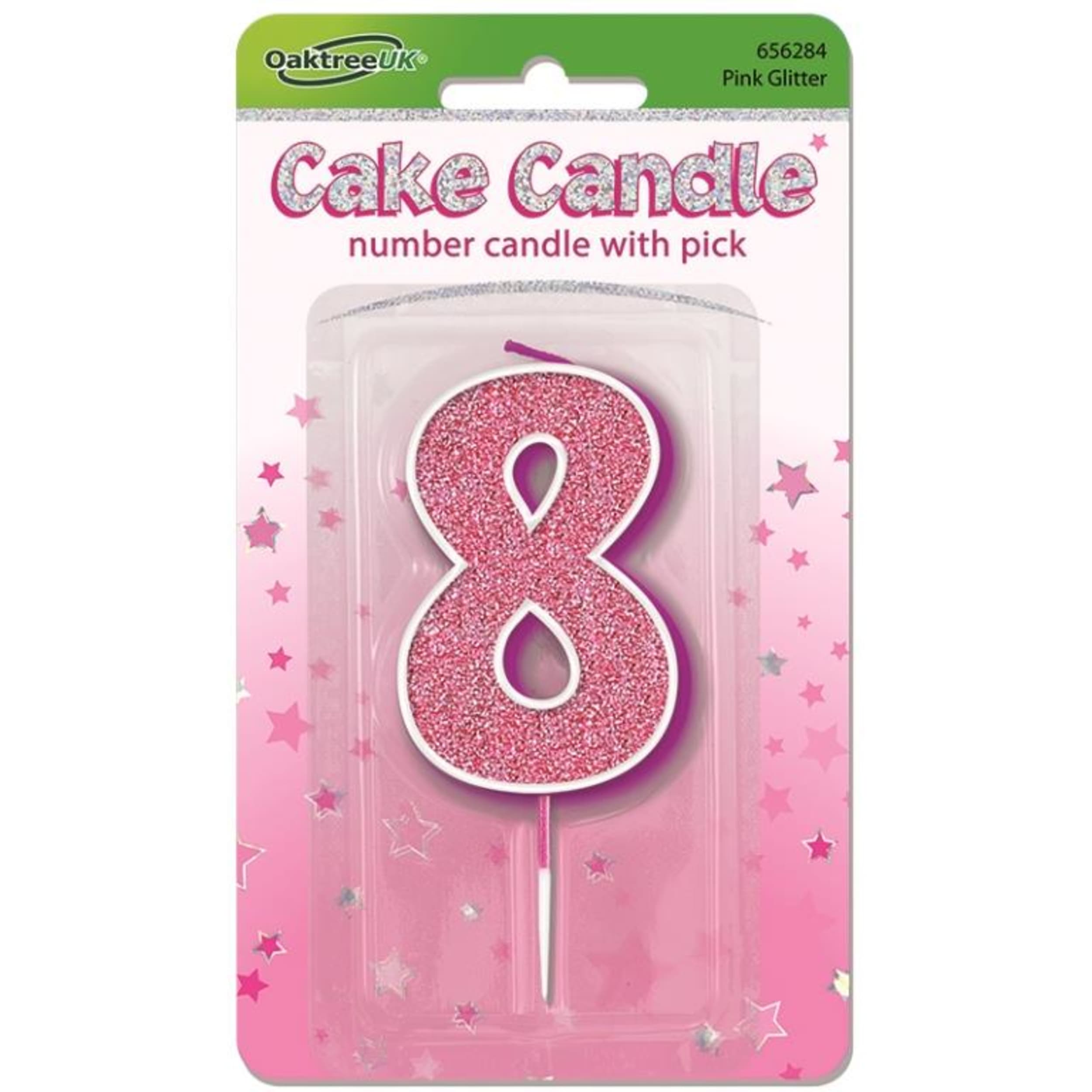 Oaktree Candle 7.5cm Glitter Numeral #8 Pink
