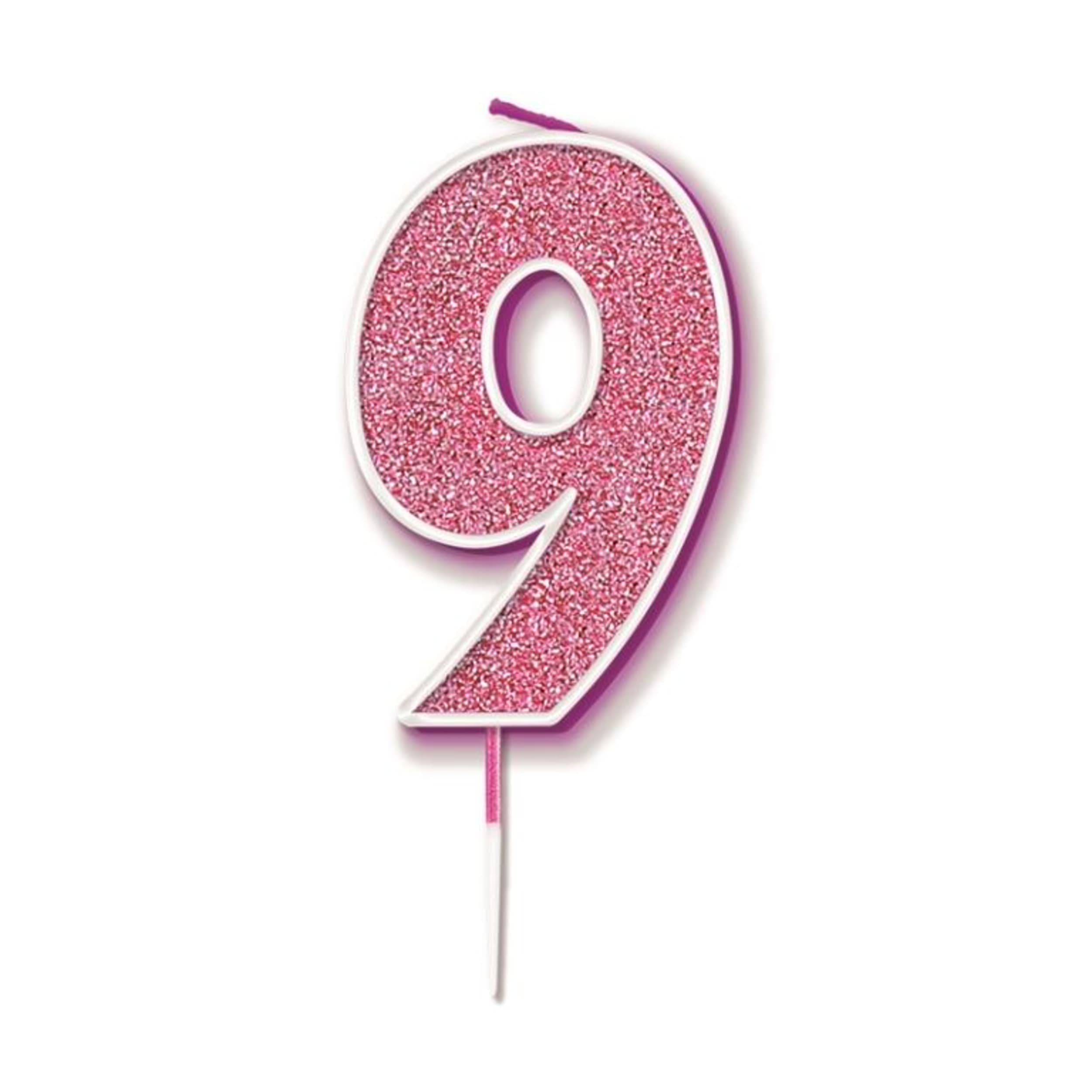 Oaktree Candle 7.5cm Glitter Numeral #9 Pink