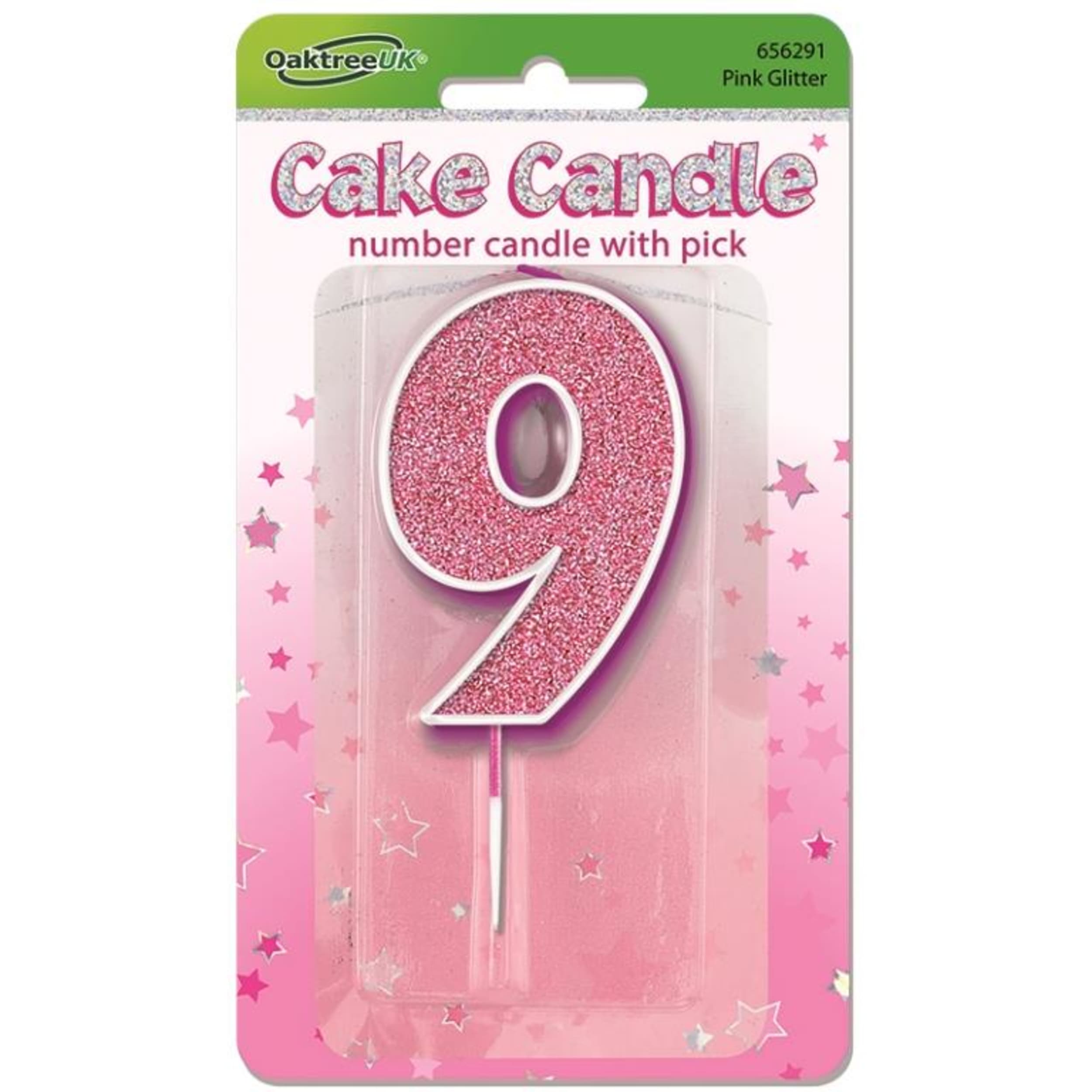 Oaktree Candle 7.5cm Glitter Numeral #9 Pink