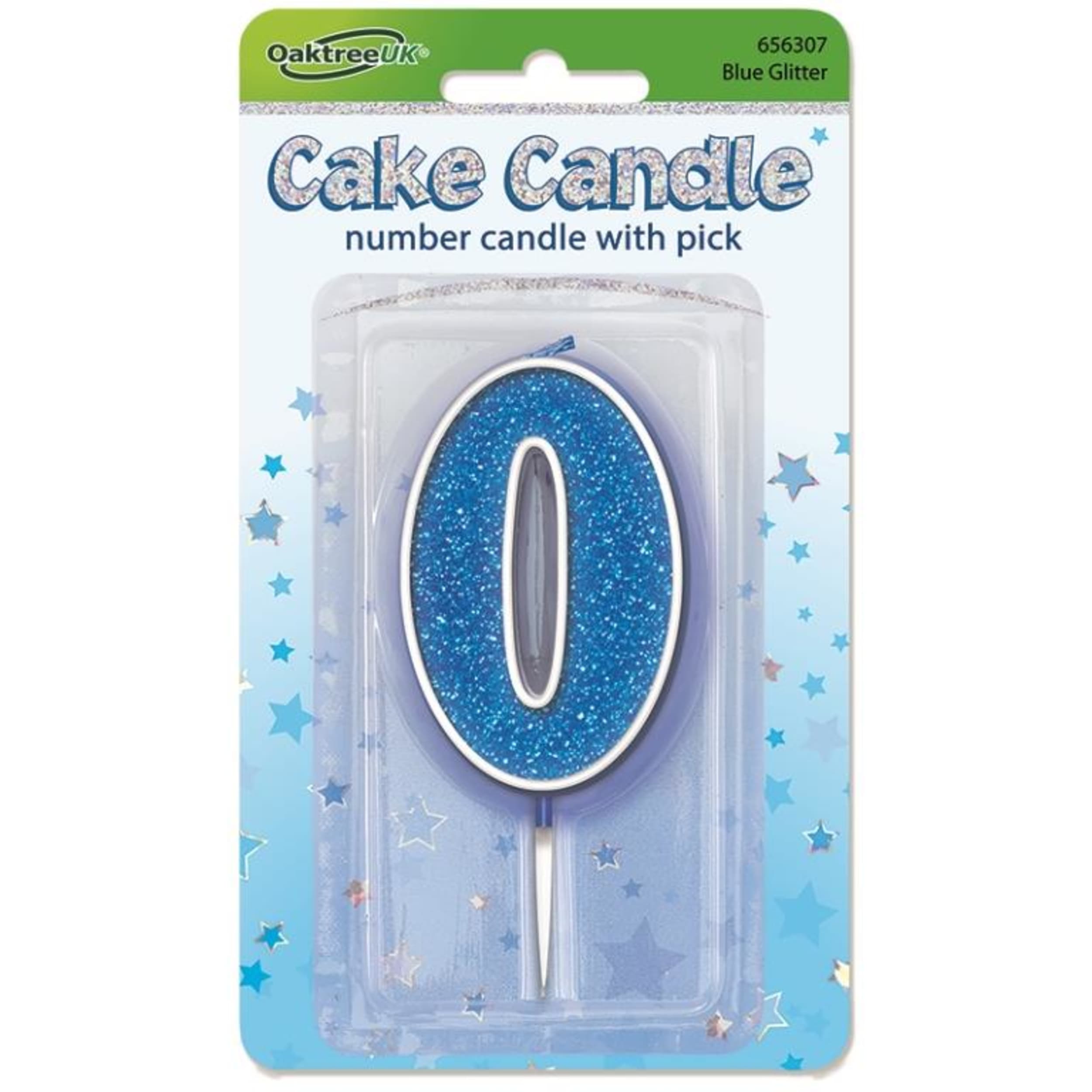 Oaktree Candle 7.5cm Glitter Numeral #0 Blue