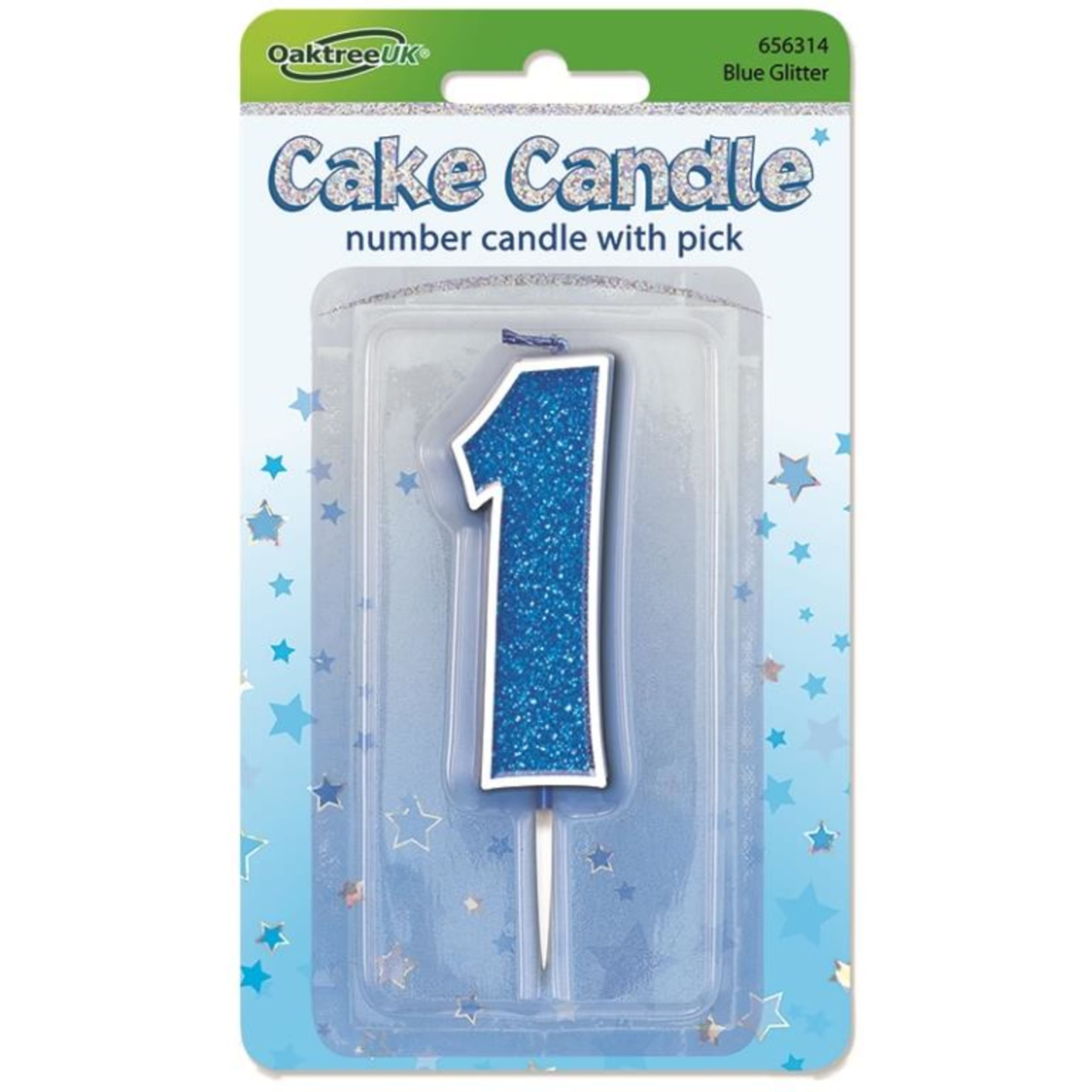 Oaktree Candle 7.5cm Glitter Numeral #1 Blue