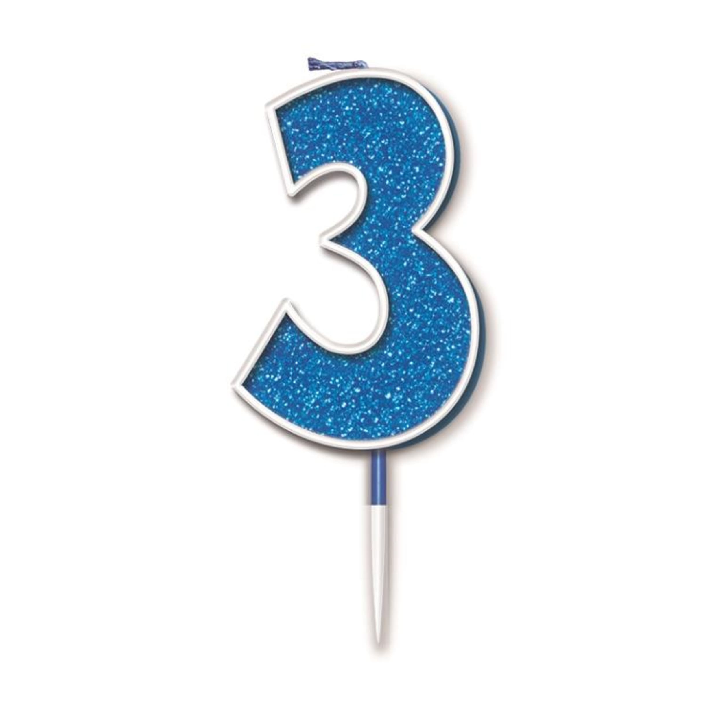 Oaktree Candle 7.5cm Glitter Numeral #3 Blue