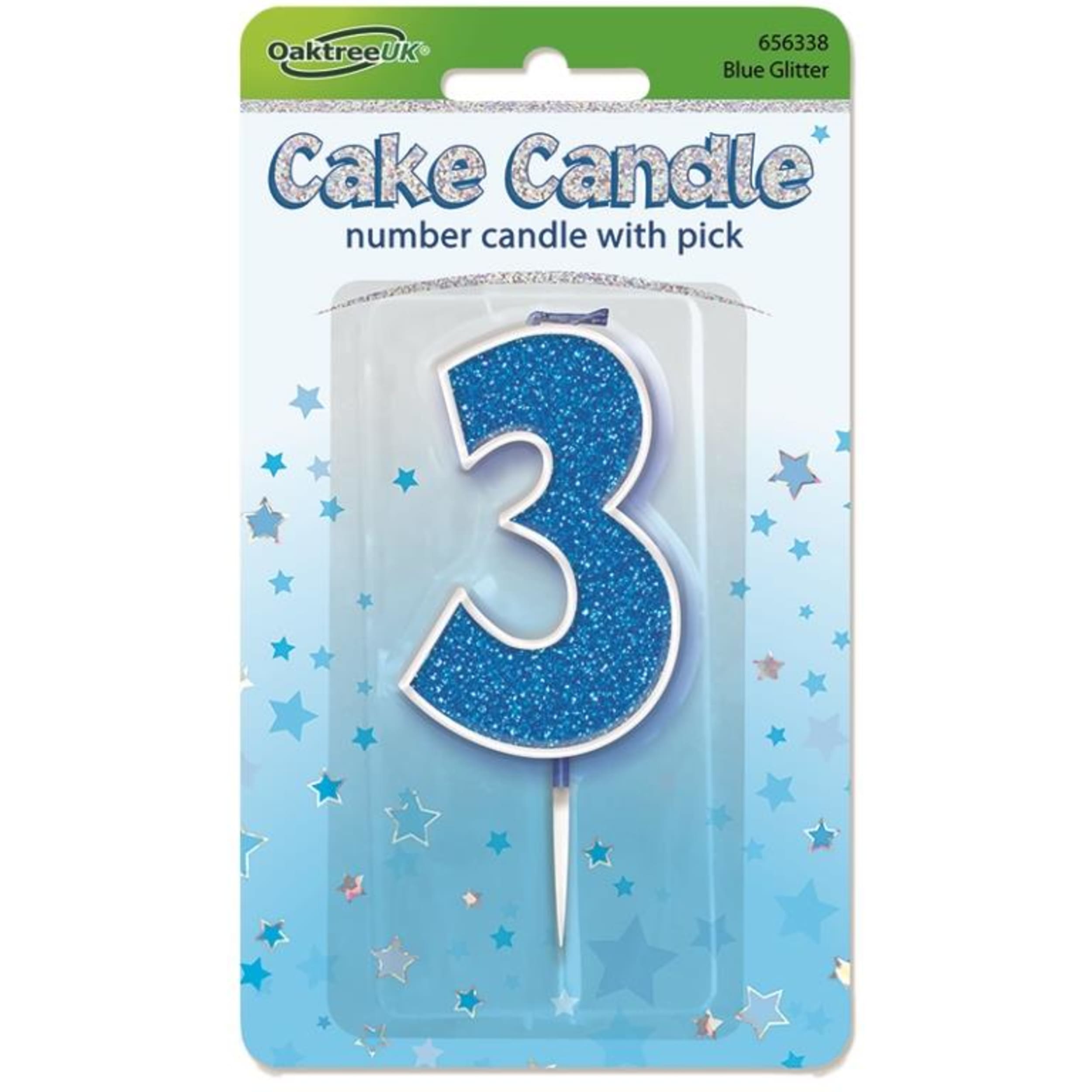 Oaktree Candle 7.5cm Glitter Numeral #3 Blue