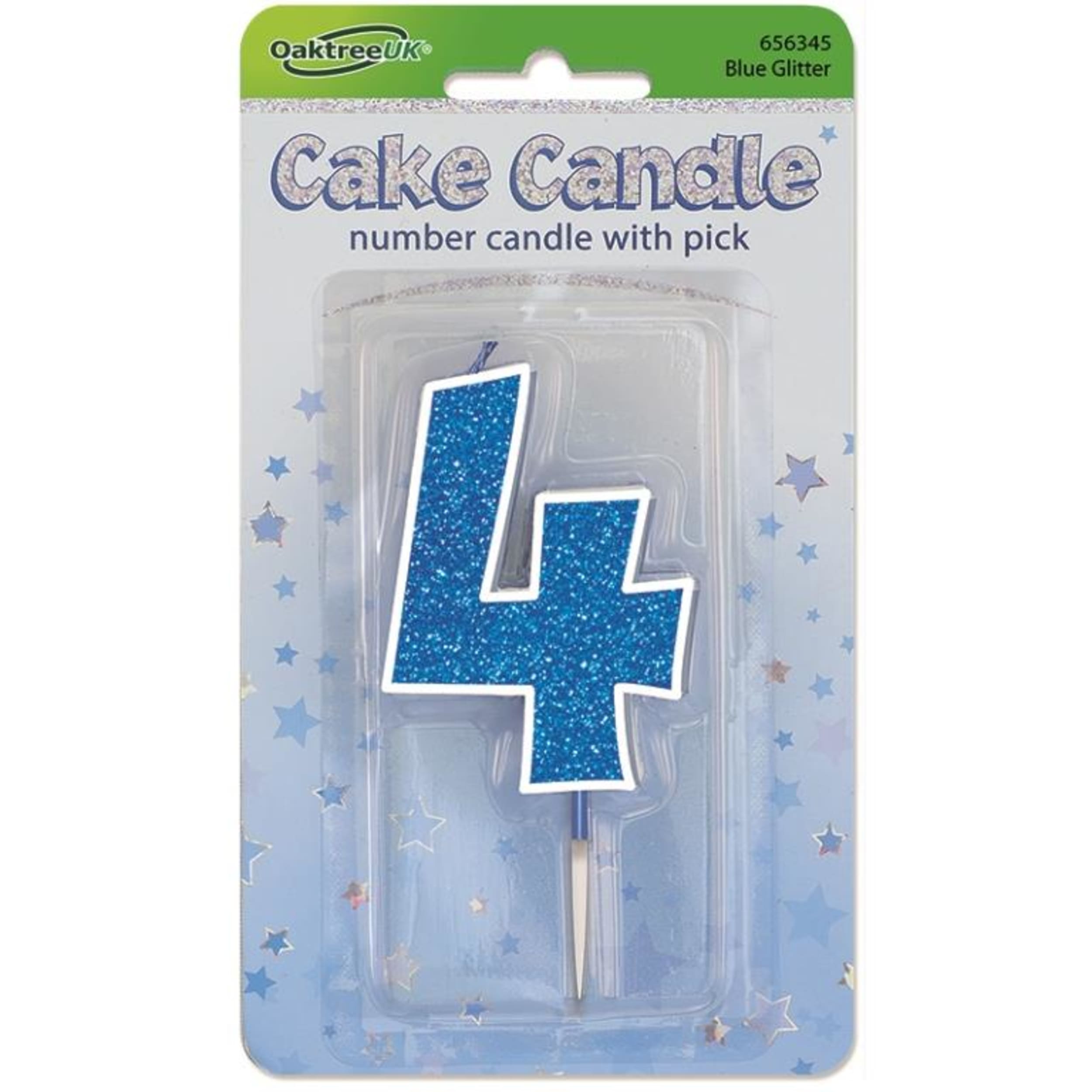 Oaktree Candle 7.5cm Glitter Numeral #4 Blue