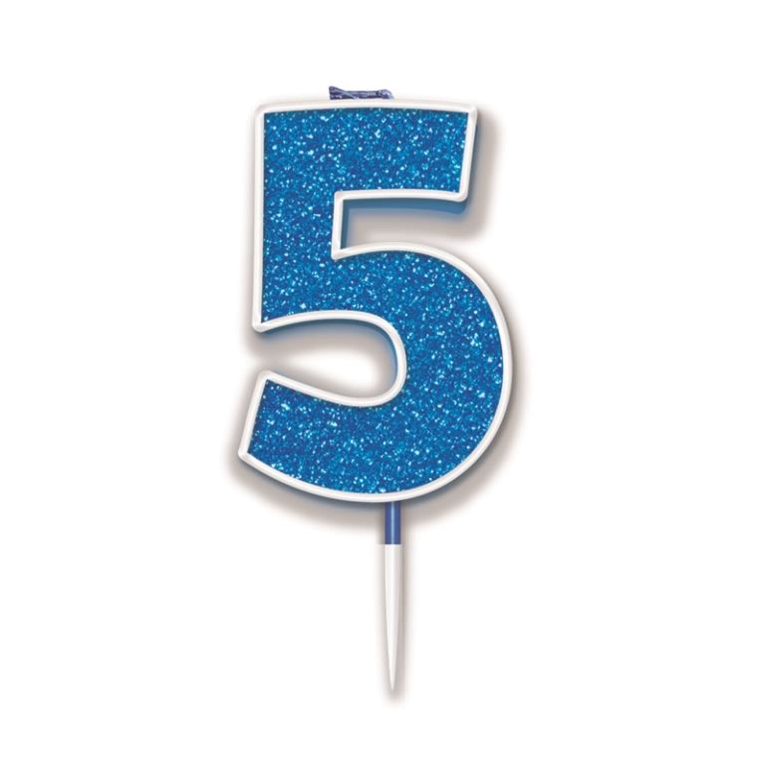 Oaktree Candle 7.5cm Glitter Numeral #5 Blue