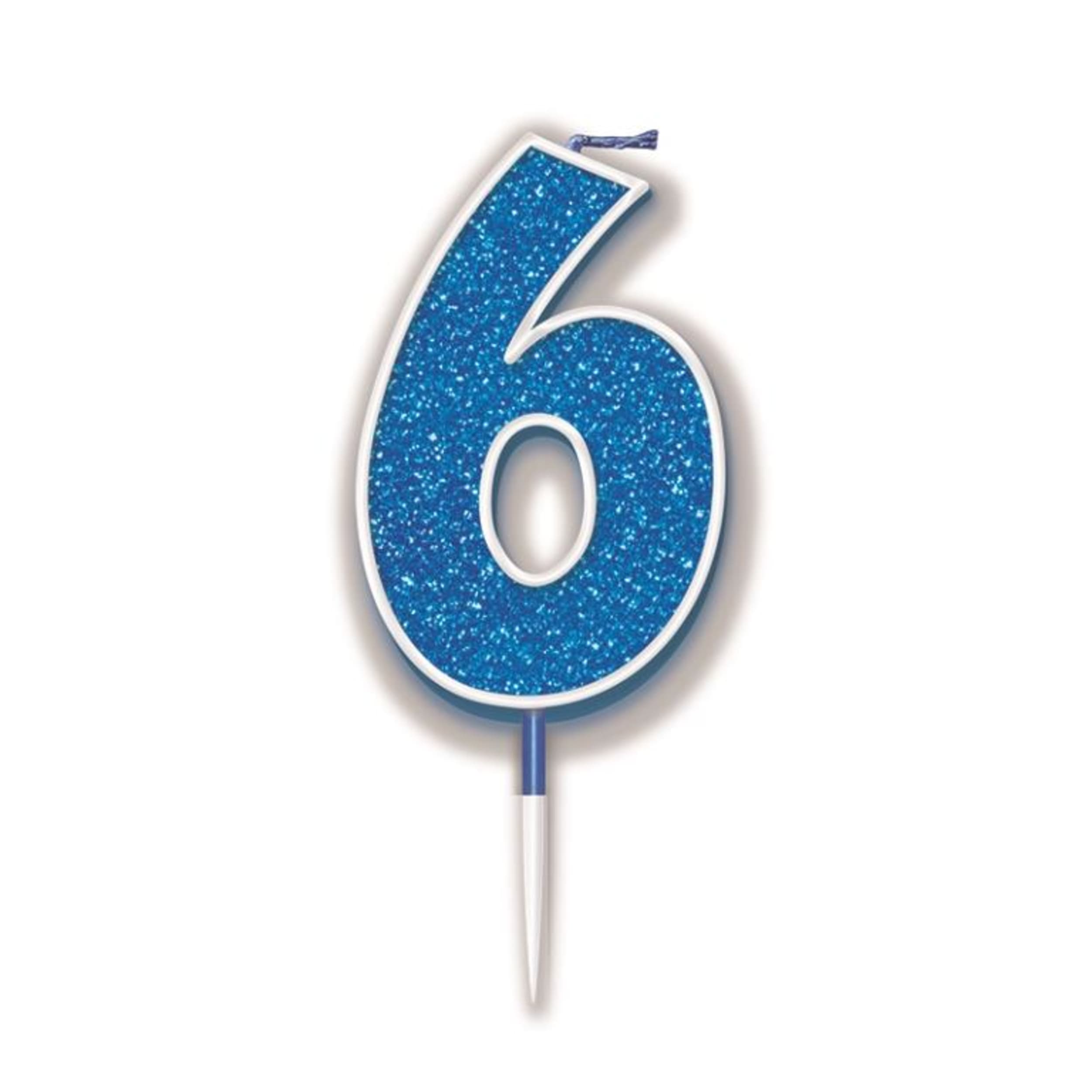 Oaktree Candle 7.5cm Glitter Numeral #6 Blue