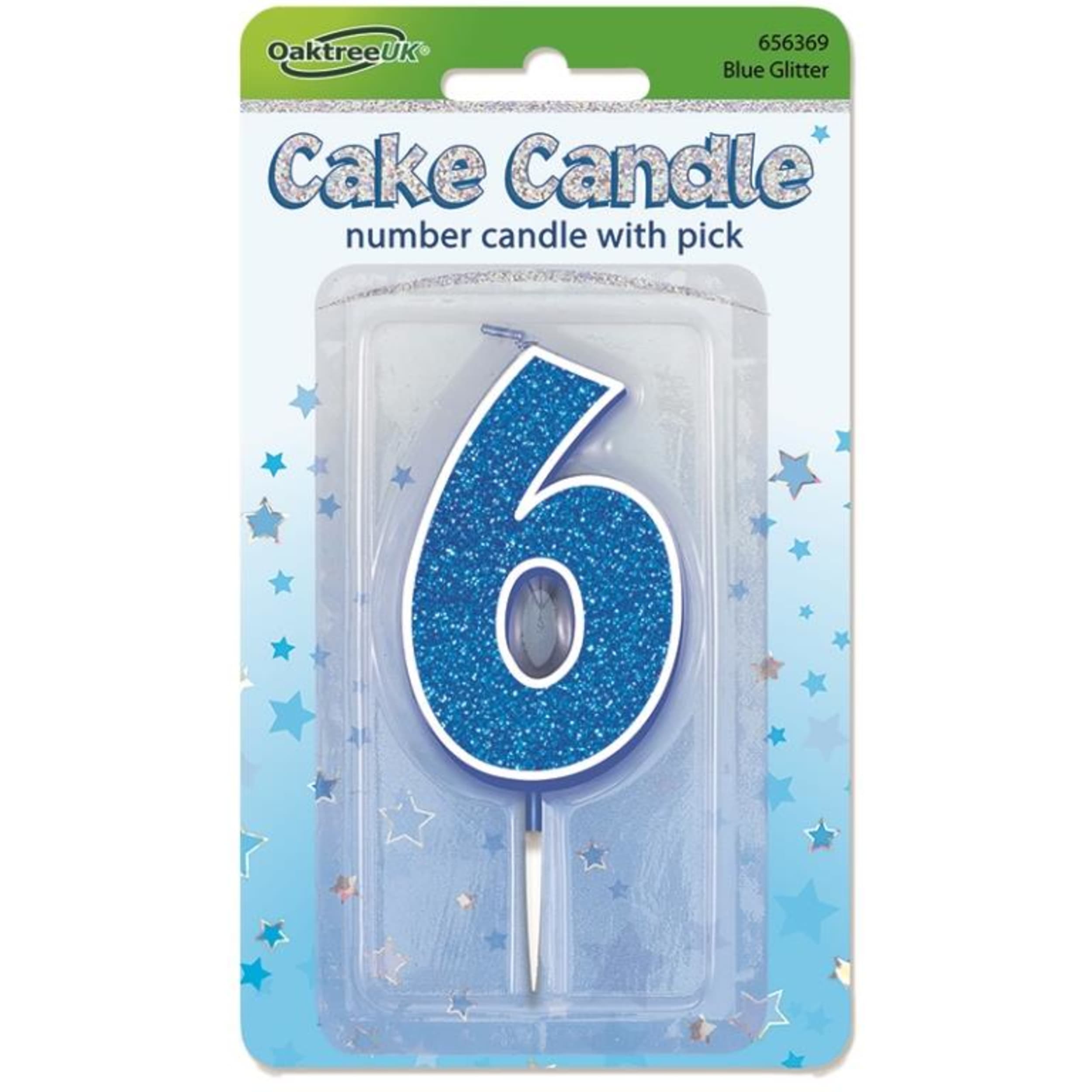 Oaktree Candle 7.5cm Glitter Numeral #6 Blue