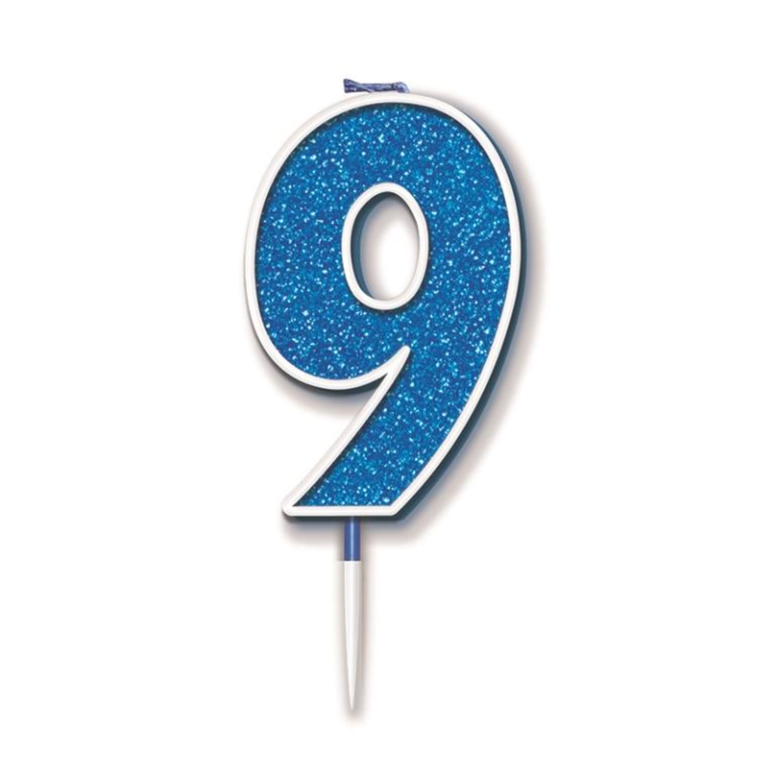 Oaktree Candle 7.5cm Glitter Numeral #9 Blue