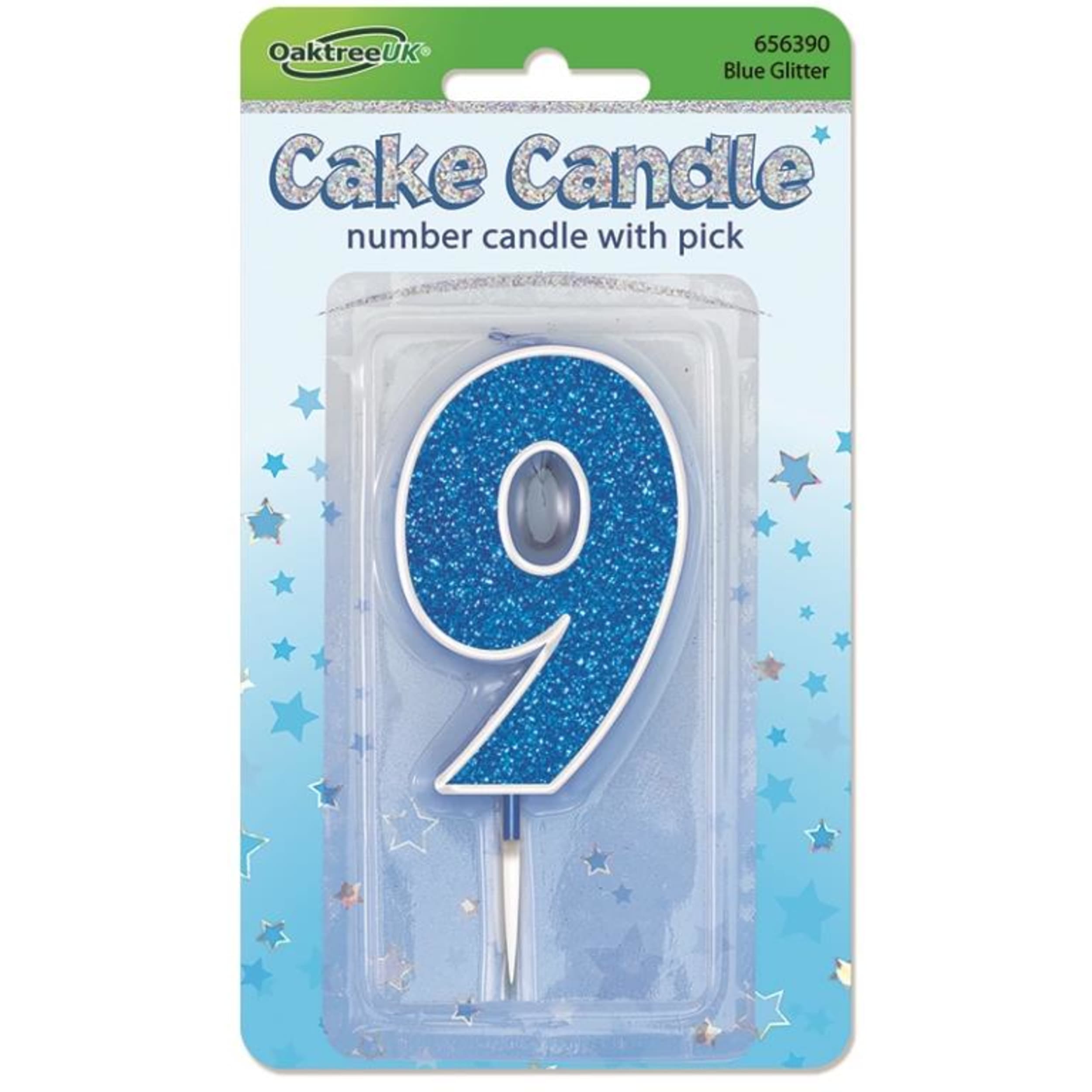 Oaktree Candle 7.5cm Glitter Numeral #9 Blue