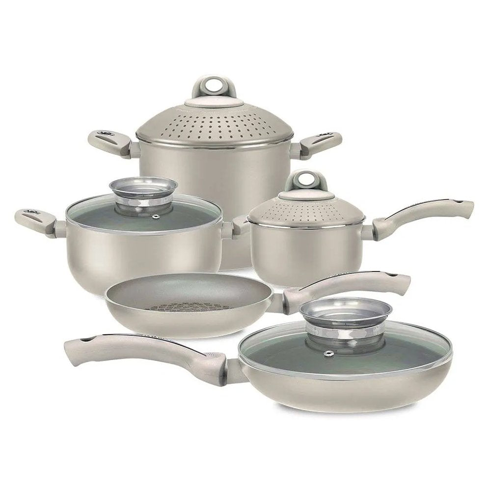 Pensofal 9pc Set, 2 Frypans, PastasiBaby/Family, Saucepan, GlassLids, Pearl White