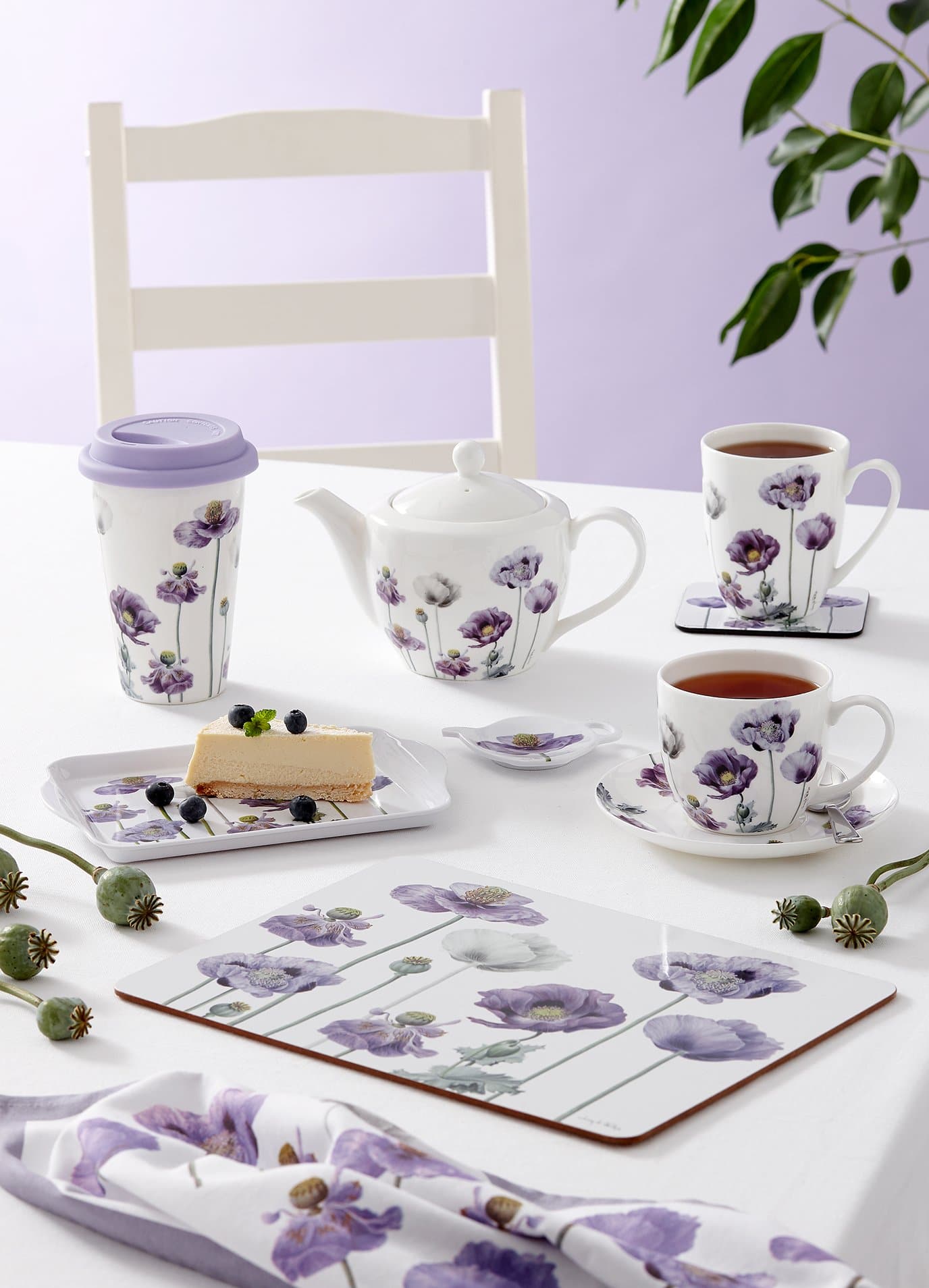 Ashdene Purple Poppies AWM Teapot & 2 Teacup Set