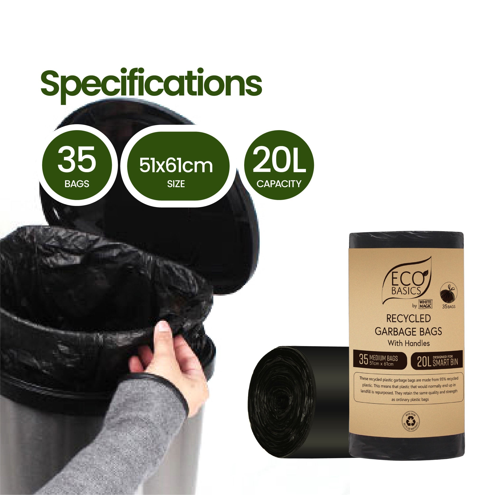 Eco Basics Recycled Garbage Bags, Medium, 20L, 35 Bags
