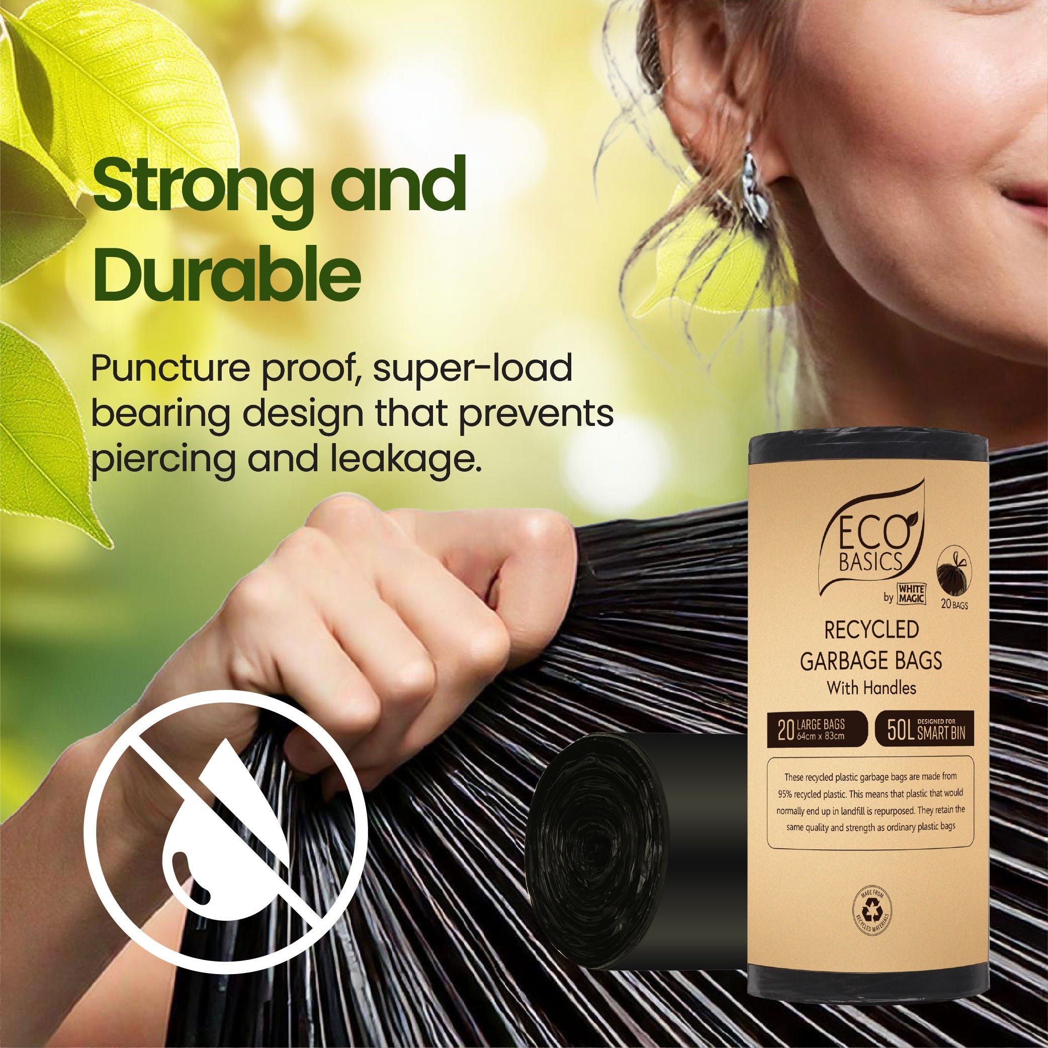 Eco Basics Recycled Garbage Bags, Large, 50L, 20 Bags