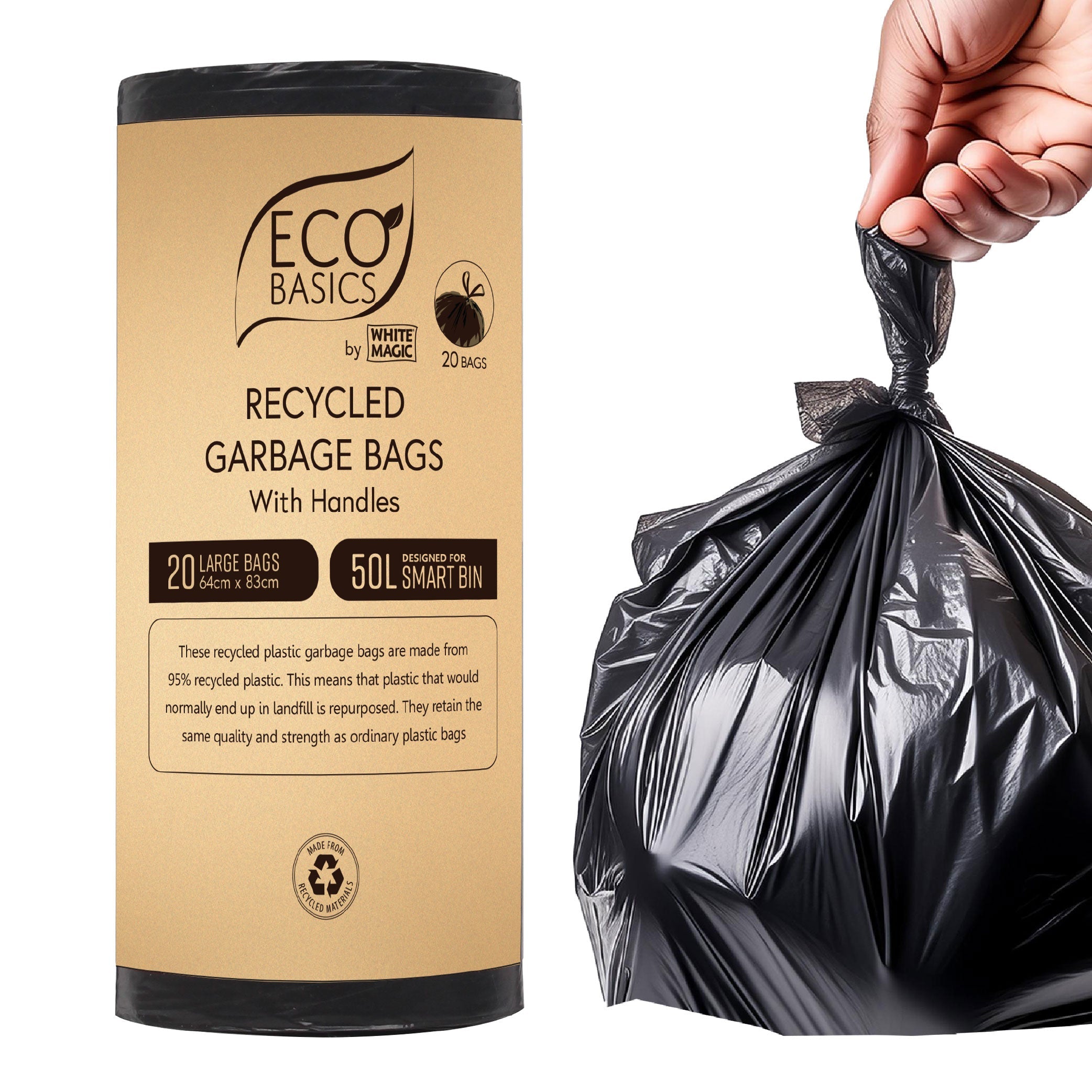 Eco Basics Recycled Garbage Bags, Large, 50L, 20 Bags