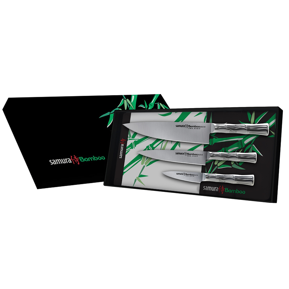 Samura BAMBOO Set of 3 Kitchen Knives: Paring Knife, Utility Knife, Chef’s Knife