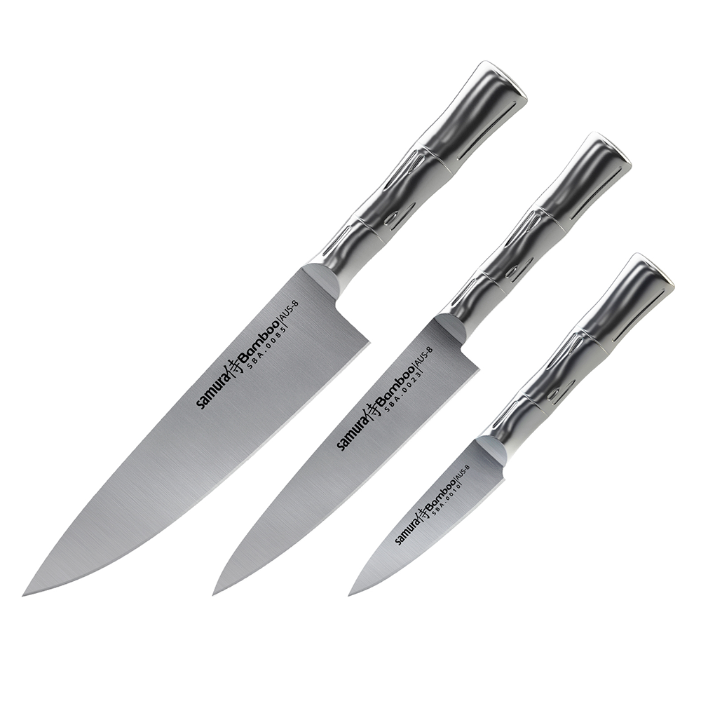 Samura BAMBOO Set of 3 Kitchen Knives: Paring Knife, Utility Knife, Chef’s Knife