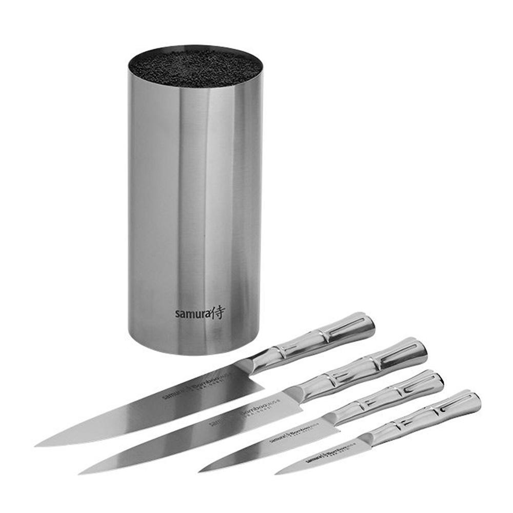 Samura BAMBOO Knife Block Set with 4 Kitchen Knives: Paring Knife, Utility Knife, Slicing Knife, Chef’s Knife, Brush Block