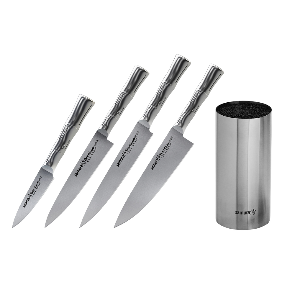 Samura BAMBOO Knife Block Set with 4 Kitchen Knives: Paring Knife, Utility Knife, Slicing Knife, Chef’s Knife, Brush Block