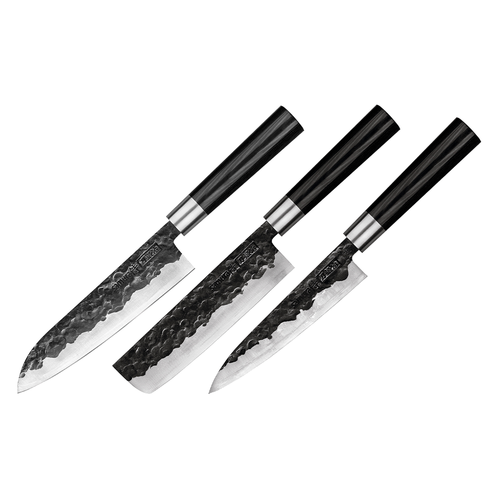 Samura BlackSMITH Set of 3 Kitchen Knives: Utility Knife, Nakiri Knife, Santoku Knife