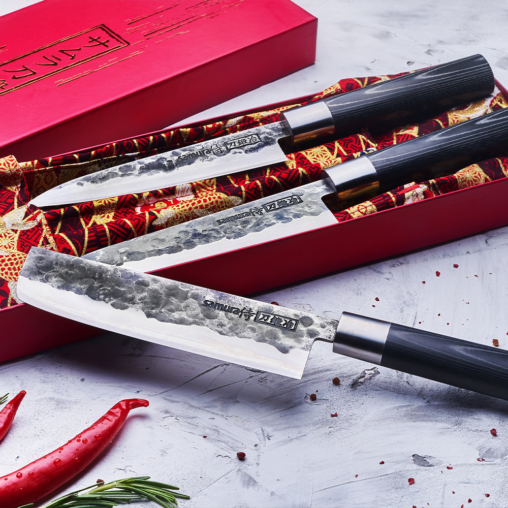 Samura BlackSMITH Set of 3 Kitchen Knives: Utility Knife, Nakiri Knife, Santoku Knife