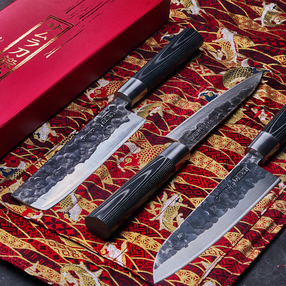 Samura BlackSMITH Set of 3 Kitchen Knives: Utility Knife, Nakiri Knife, Santoku Knife
