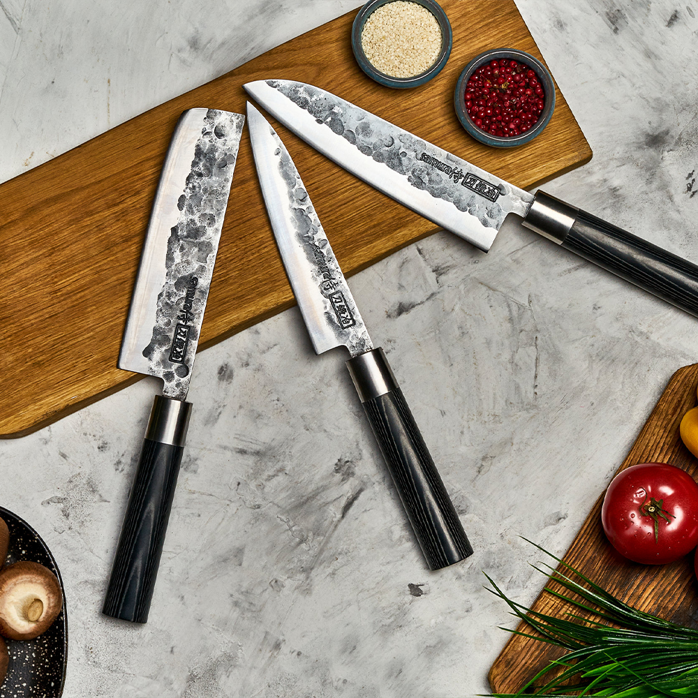 Samura BlackSMITH Set of 3 Kitchen Knives: Utility Knife, Nakiri Knife, Santoku Knife