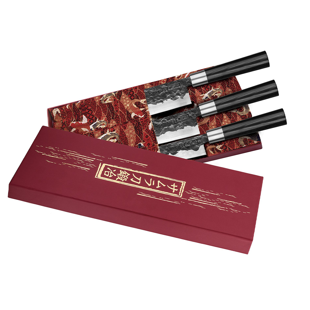Samura BlackSMITH Set of 3 Kitchen Knives: Utility Knife, Nakiri Knife, Santoku Knife