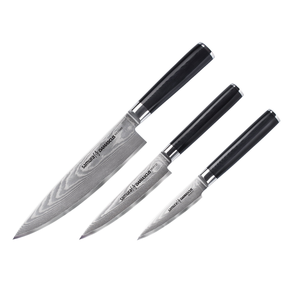 Samura DAMASCUS Set of 3 Kitchen Knives IN A GIFT BOX: Paring Knife, Utility Knife, Chef's Knife