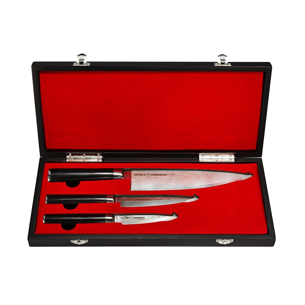 Samura DAMASCUS Set of 3 Kitchen Knives IN A GIFT BOX: Paring Knife, Utility Knife, Chef's Knife