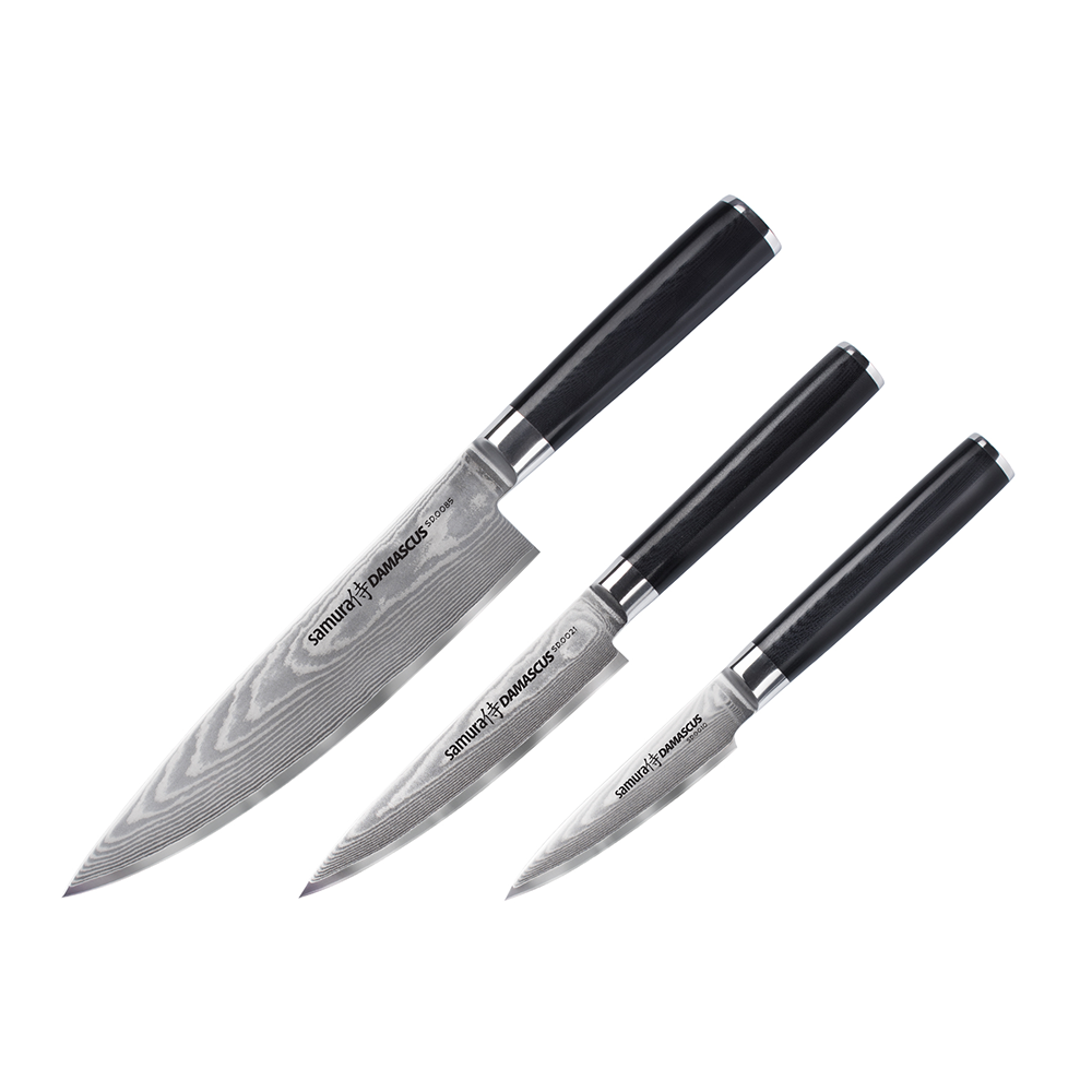 Samura DAMASCUS Set of 3 Kitchen Knives: Paring Knife, Utility Knife, Chef's Knife