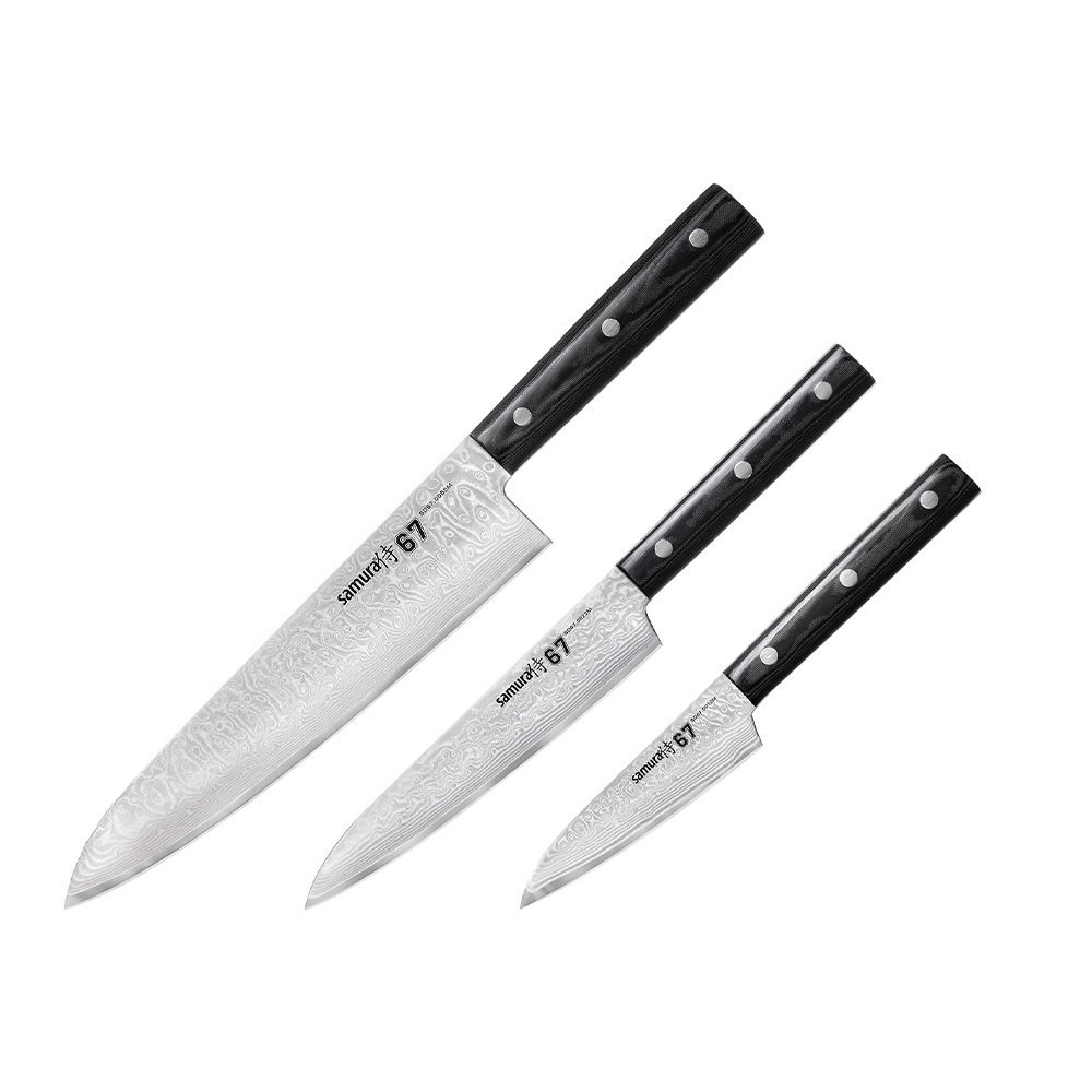 Samura DAMASCUS 67 Set of 3 Kitchen Knives: Paring Knife, Utility Knife, Chef's Knife 67 Layers