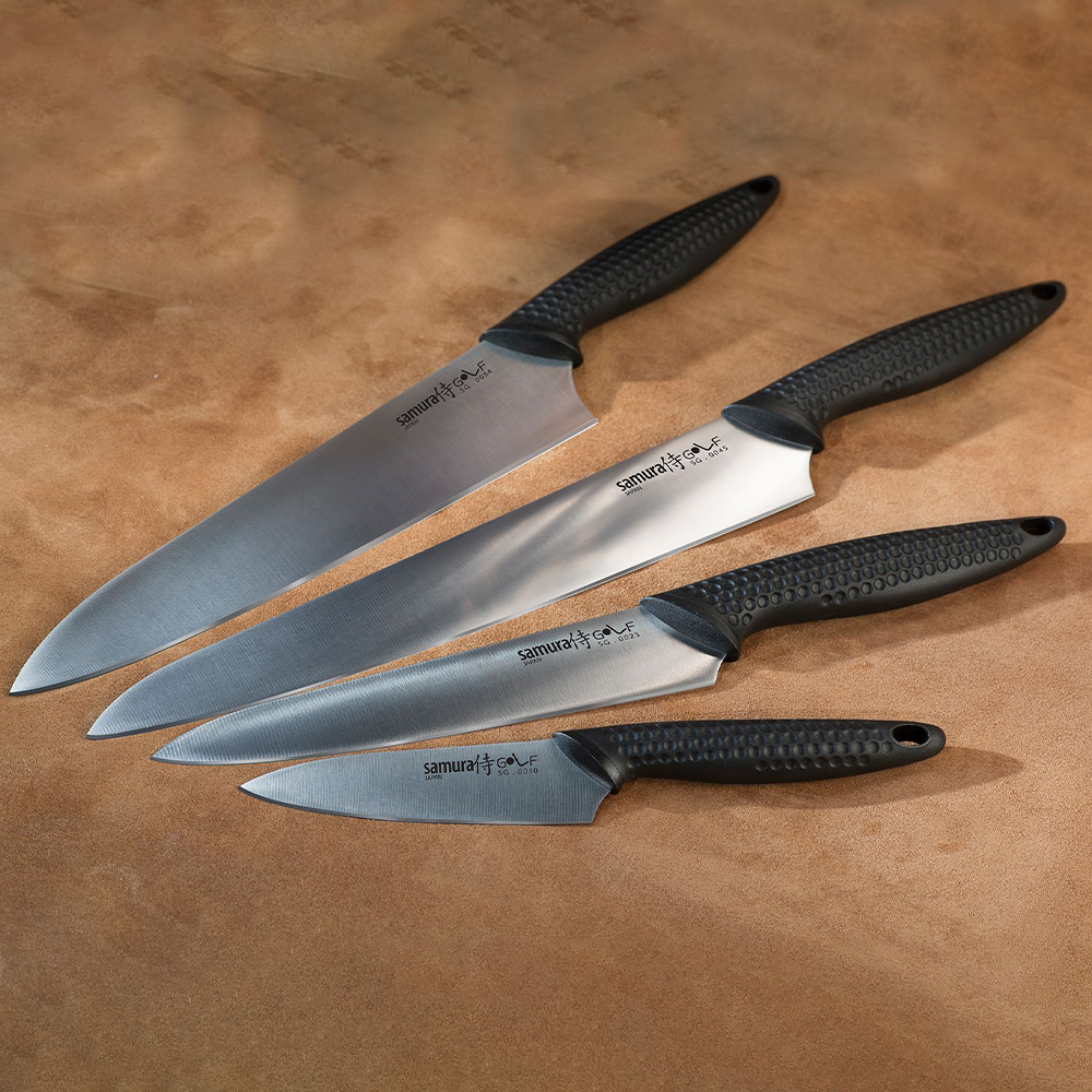 Samura GOLF Set of 4 Kitchen Knives: Paring Knife, Utility Knife, Slicing Knife, Chef's Knife